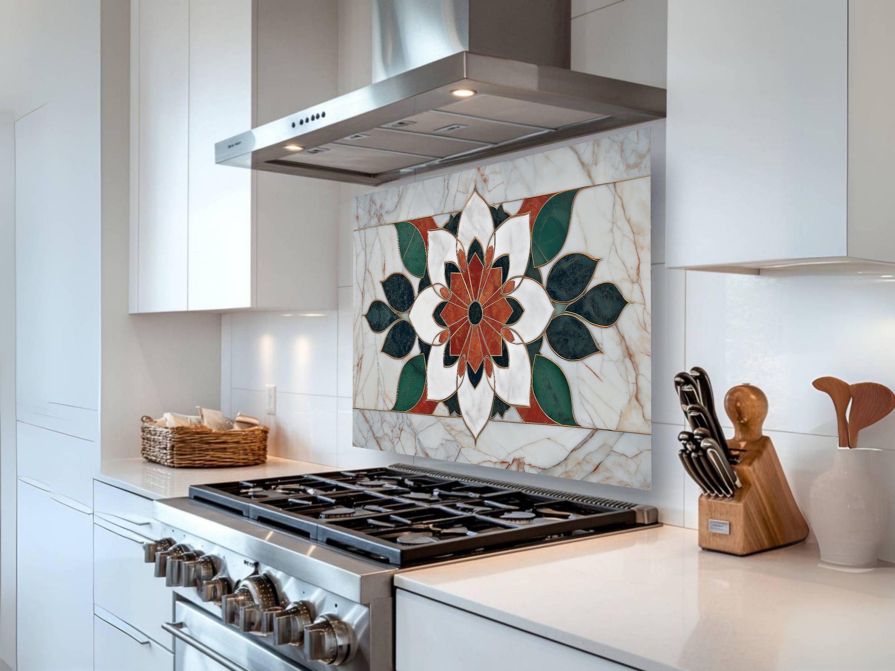 Luxury Marble & Floral Mandala Glass Stove Backsplash | Heat-Resistant Kitchen Splashback