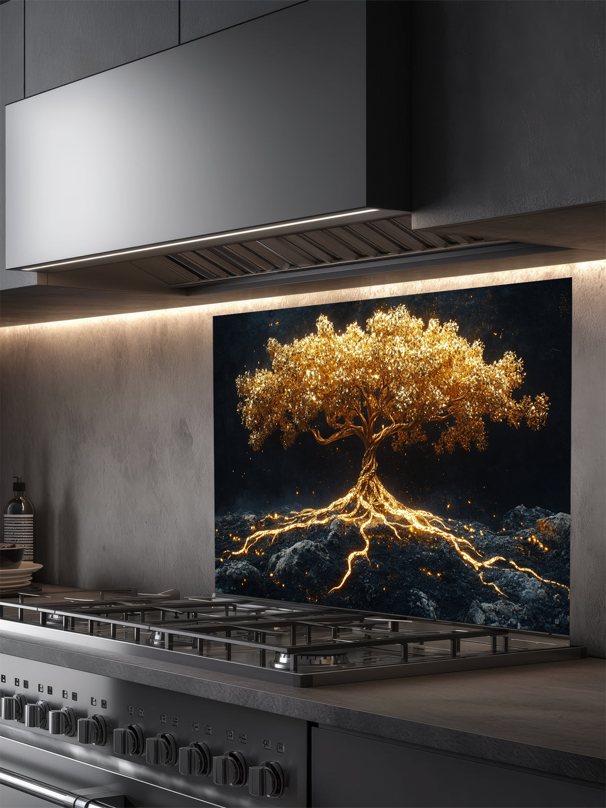 Faux glowing golden tree of life with illuminated roots on a dark mystical background, UV printed on a smooth tempered glass kitchen backsplash.