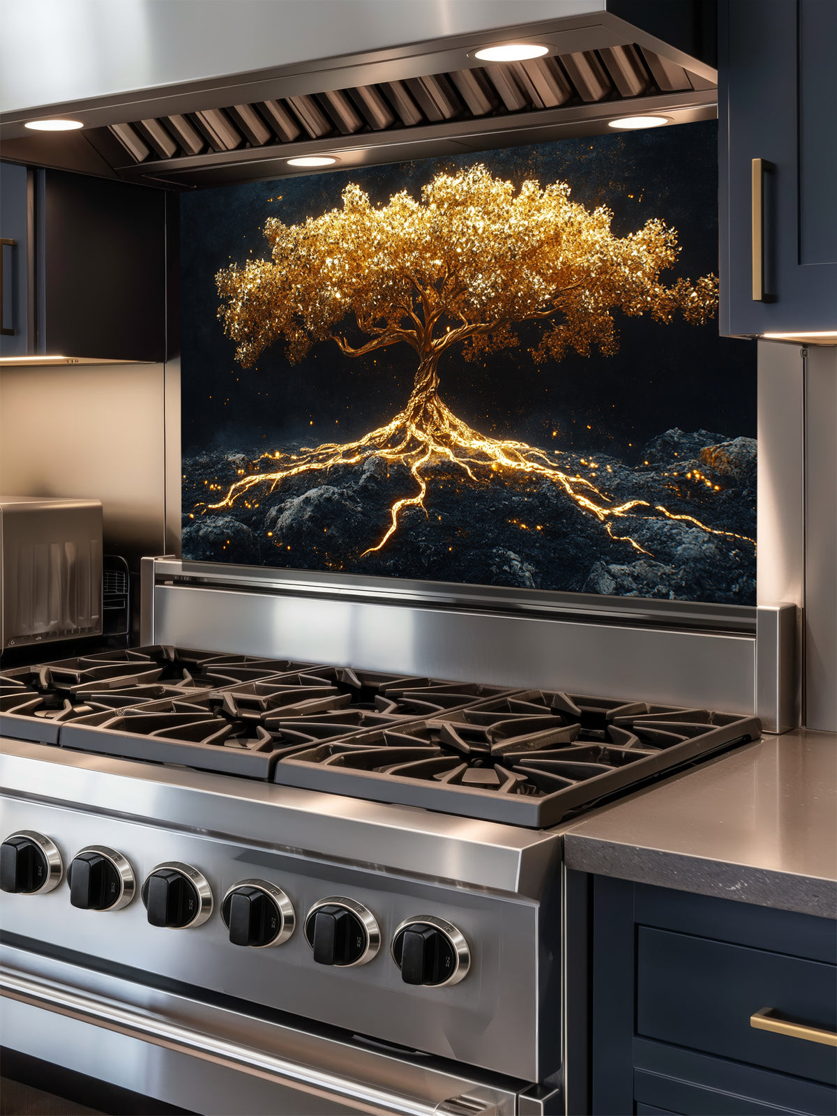 Faux glowing golden tree of life with illuminated roots on a dark mystical background, UV printed on a smooth tempered glass kitchen backsplash.
