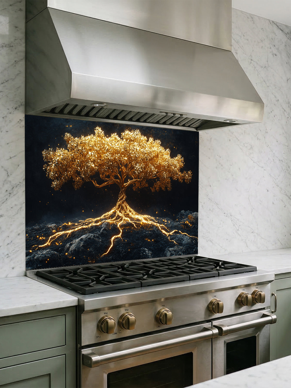 Faux glowing golden tree of life with illuminated roots on a dark mystical background, UV printed on a smooth tempered glass kitchen backsplash.