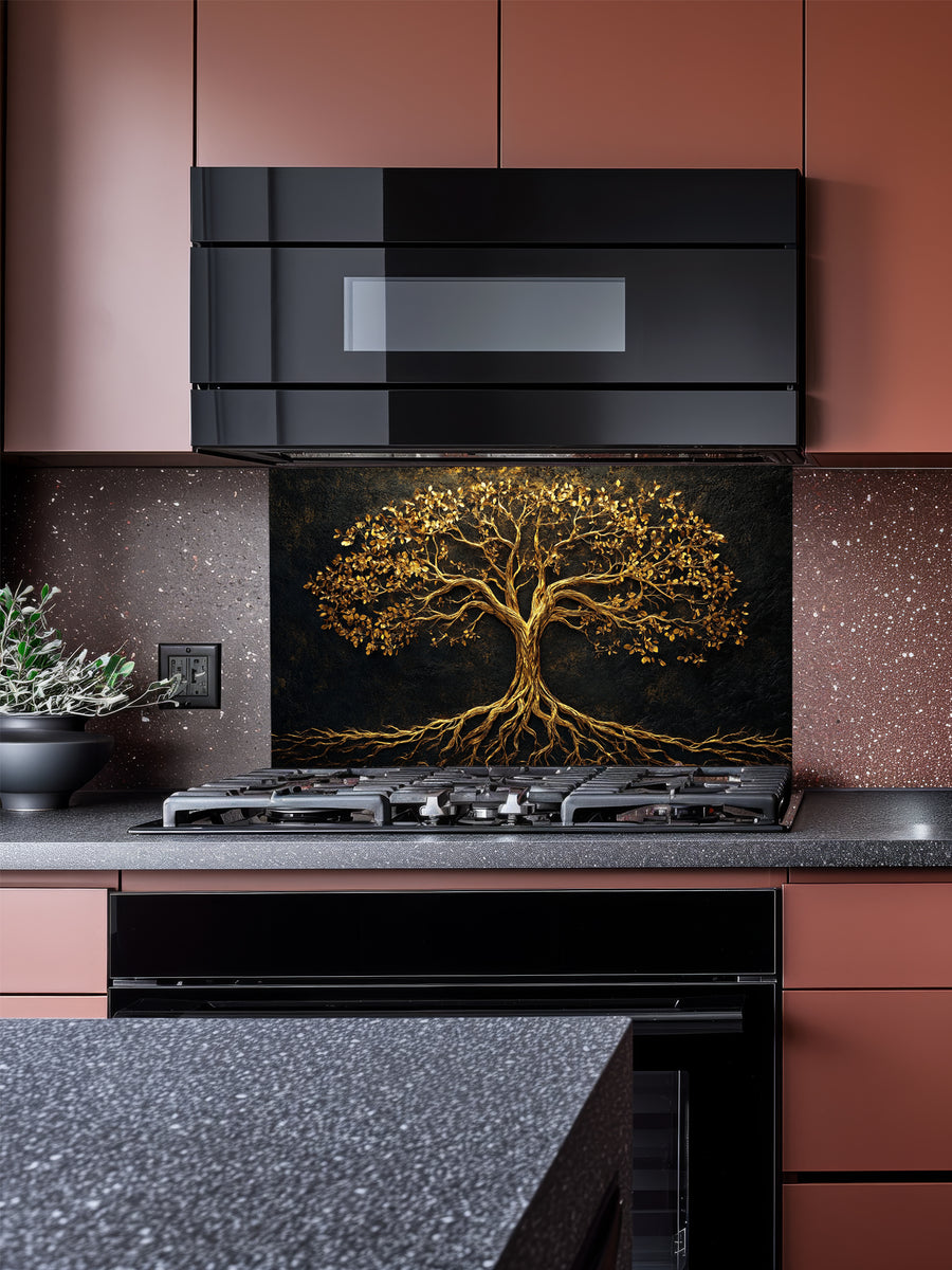 Abstract luxury fine art style Tree of Life featuring faux gold leaf and metallic textures, UV printed on a smooth tempered glass kitchen backsplash.