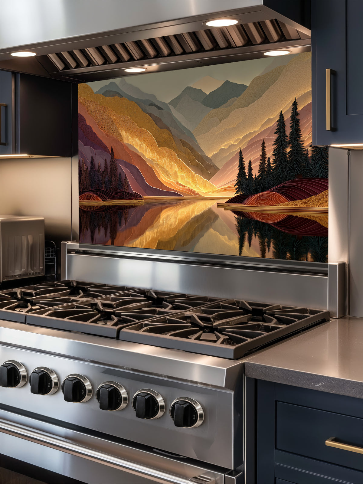 Tempered glass kitchen backsplash featuring a highly realistic 3D illusion of a textured mountain landscape at sunset, showcasing glowing golden peaks, dark pine trees, and a calm lake reflection in rich burgundy and amber tones, installed behind a modern black stove.