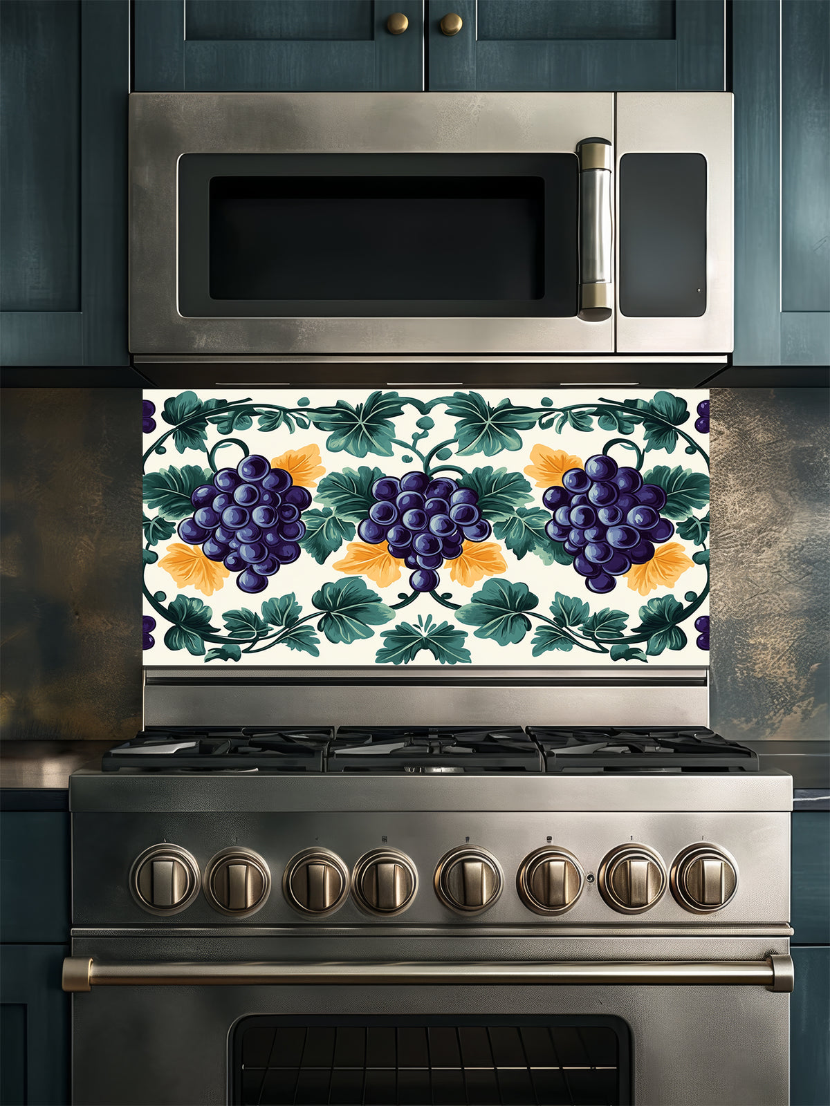 Traditional Mediterranean style faux tile pattern featuring purple grapes, green vine leaves, and yellow accents on a cream background, UV printed on a smooth tempered glass kitchen backsplash.