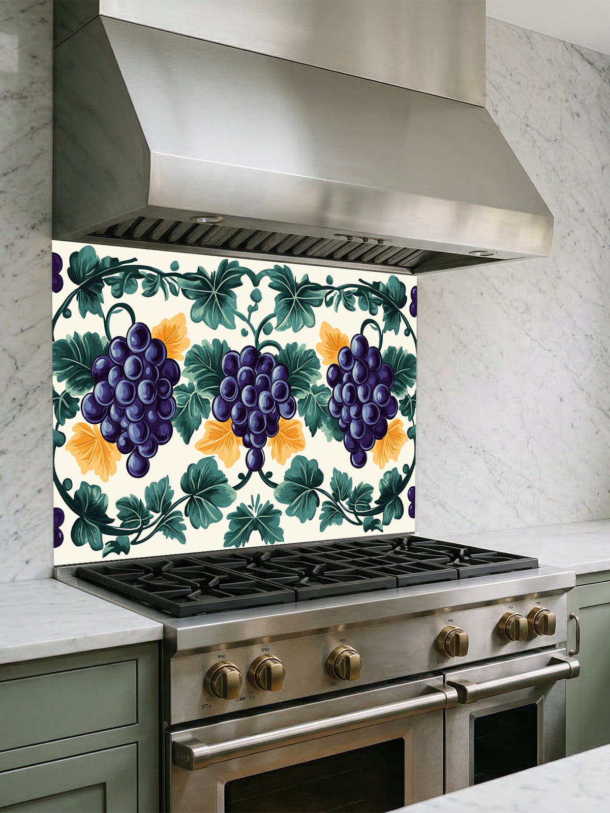 Traditional Mediterranean style faux tile pattern featuring purple grapes, green vine leaves, and yellow accents on a cream background, UV printed on a smooth tempered glass kitchen backsplash.