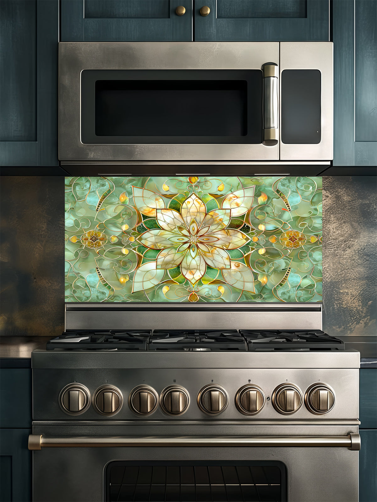 Stained glass style green and gold floral mandala UV printed on a smooth tempered glass kitchen backsplash, installed behind a modern stove.