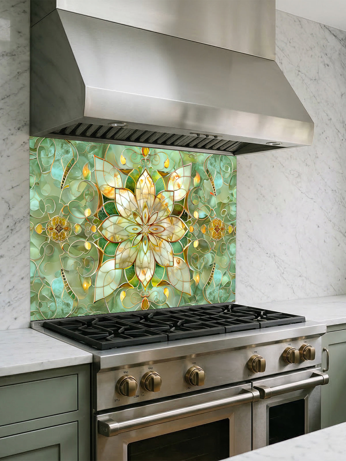 Stained glass style green and gold floral mandala UV printed on a smooth tempered glass kitchen backsplash, installed behind a modern stove.