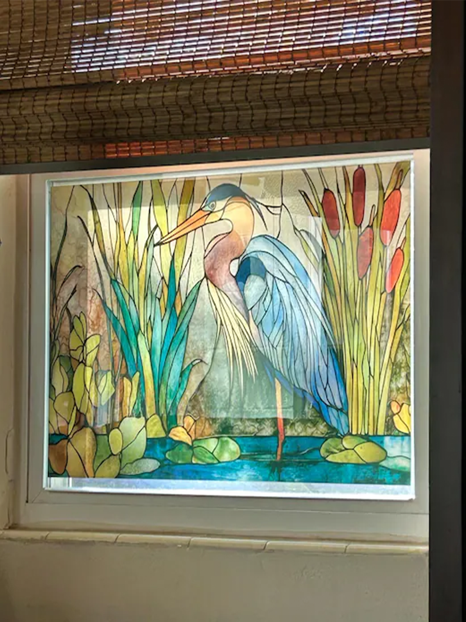 Custom Size Tempered Glass Kitchen Backsplash - Faux Stained Glass Blue Heron & Serene Wetland Splashback
