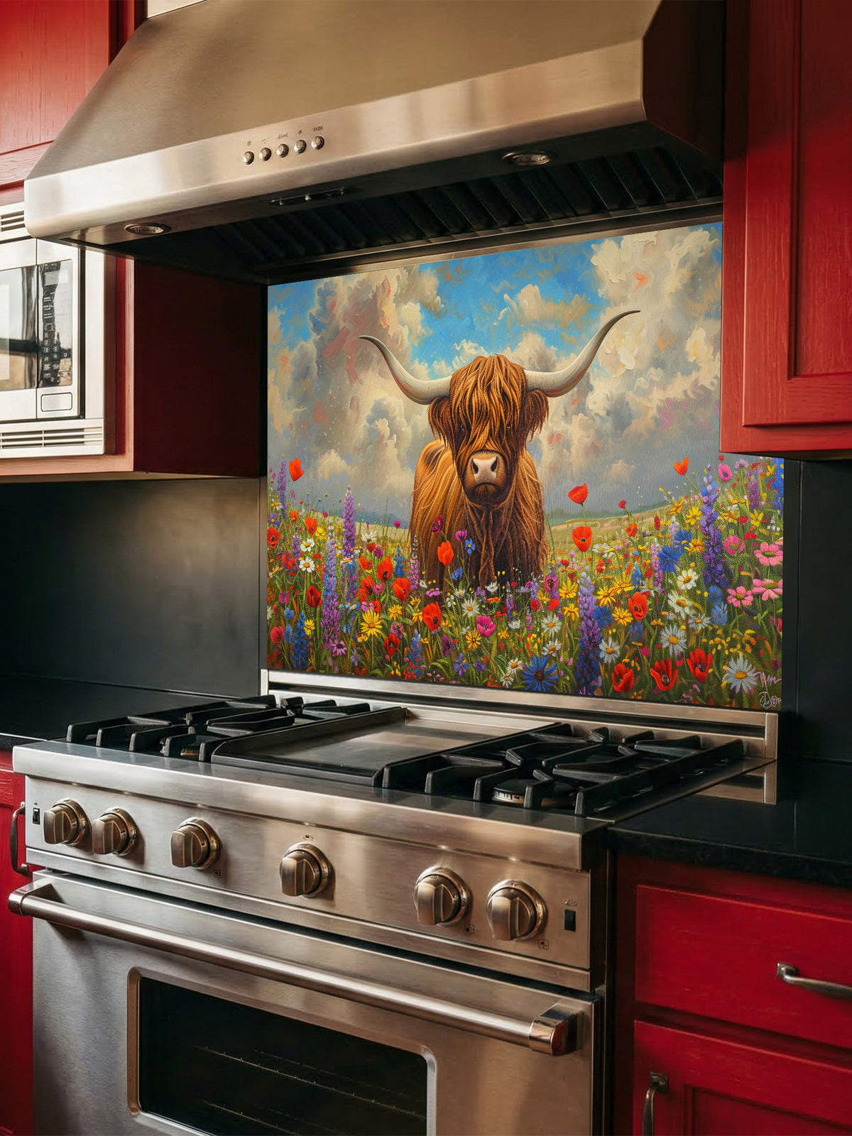 Tempered glass kitchen backsplash featuring a highly realistic 3D illusion of an oil painting showing a majestic brown Highland cow standing in a vibrant meadow of red, purple, and yellow wildflowers under a cloudy sky, installed behind a modern black stove.