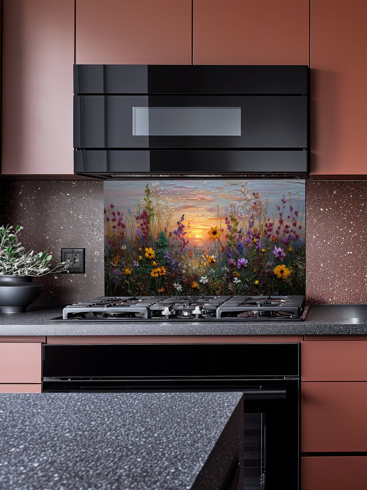 Tempered glass kitchen backsplash featuring a highly realistic 3D illusion of an impasto oil painting showing a vibrant wildflower meadow against a soft pastel sunset sky, installed behind a modern stainless steel stove.