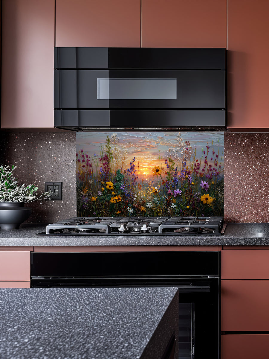 Tempered glass kitchen backsplash featuring a highly realistic 3D illusion of an impasto oil painting showing a vibrant wildflower meadow against a soft pastel sunset sky, installed behind a modern stainless steel stove.
