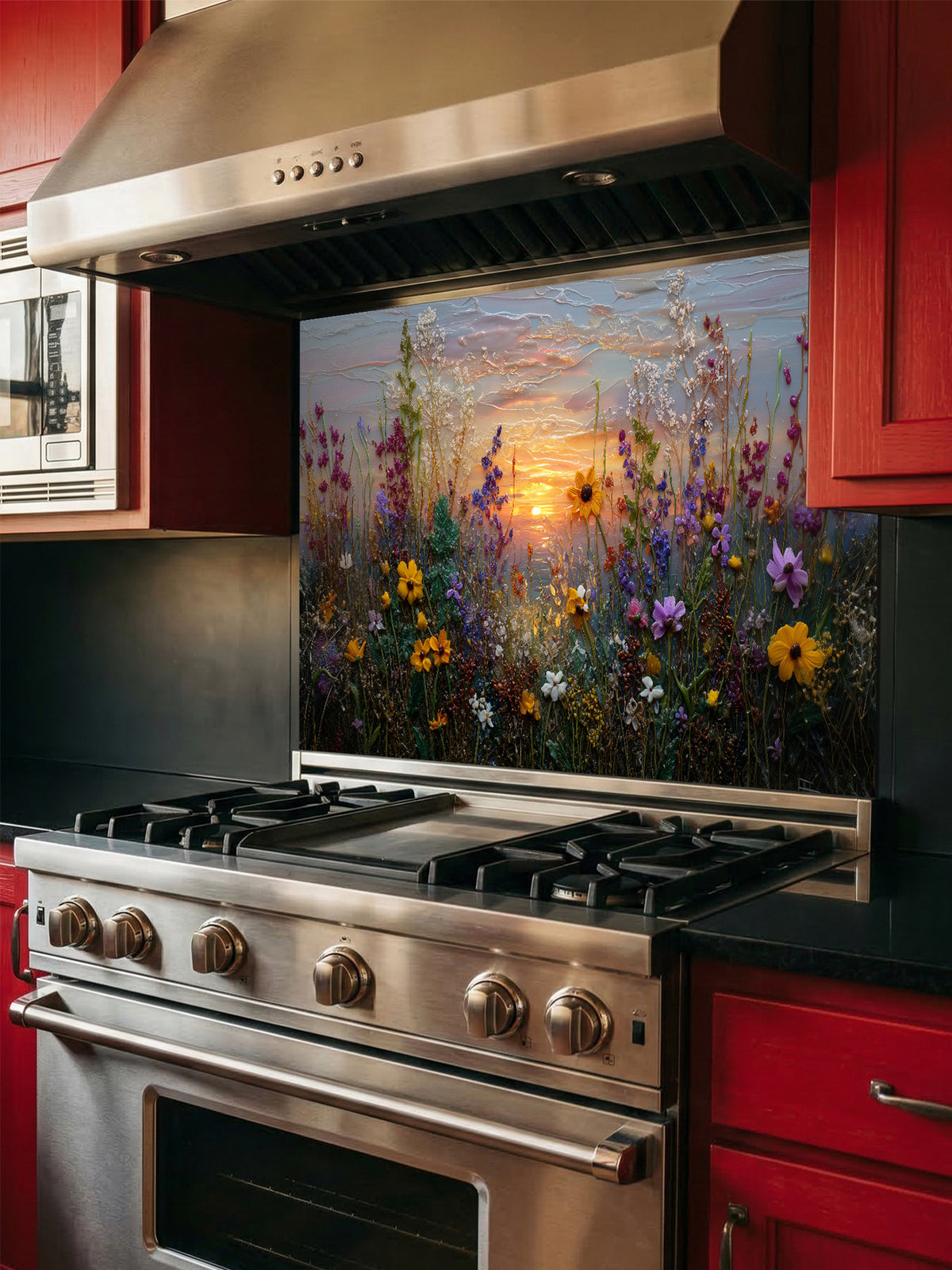 Tempered glass kitchen backsplash featuring a highly realistic 3D illusion of an impasto oil painting showing a vibrant wildflower meadow against a soft pastel sunset sky, installed behind a modern stainless steel stove.