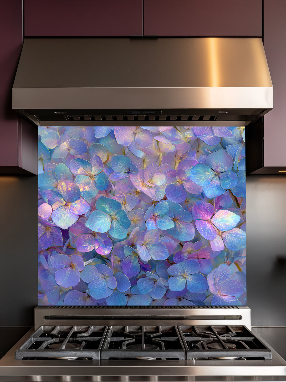 Ethereal iridescent floral pattern featuring glowing purple, blue, and pink flower petals, UV printed on a smooth tempered glass kitchen backsplash, installed behind a modern stove.