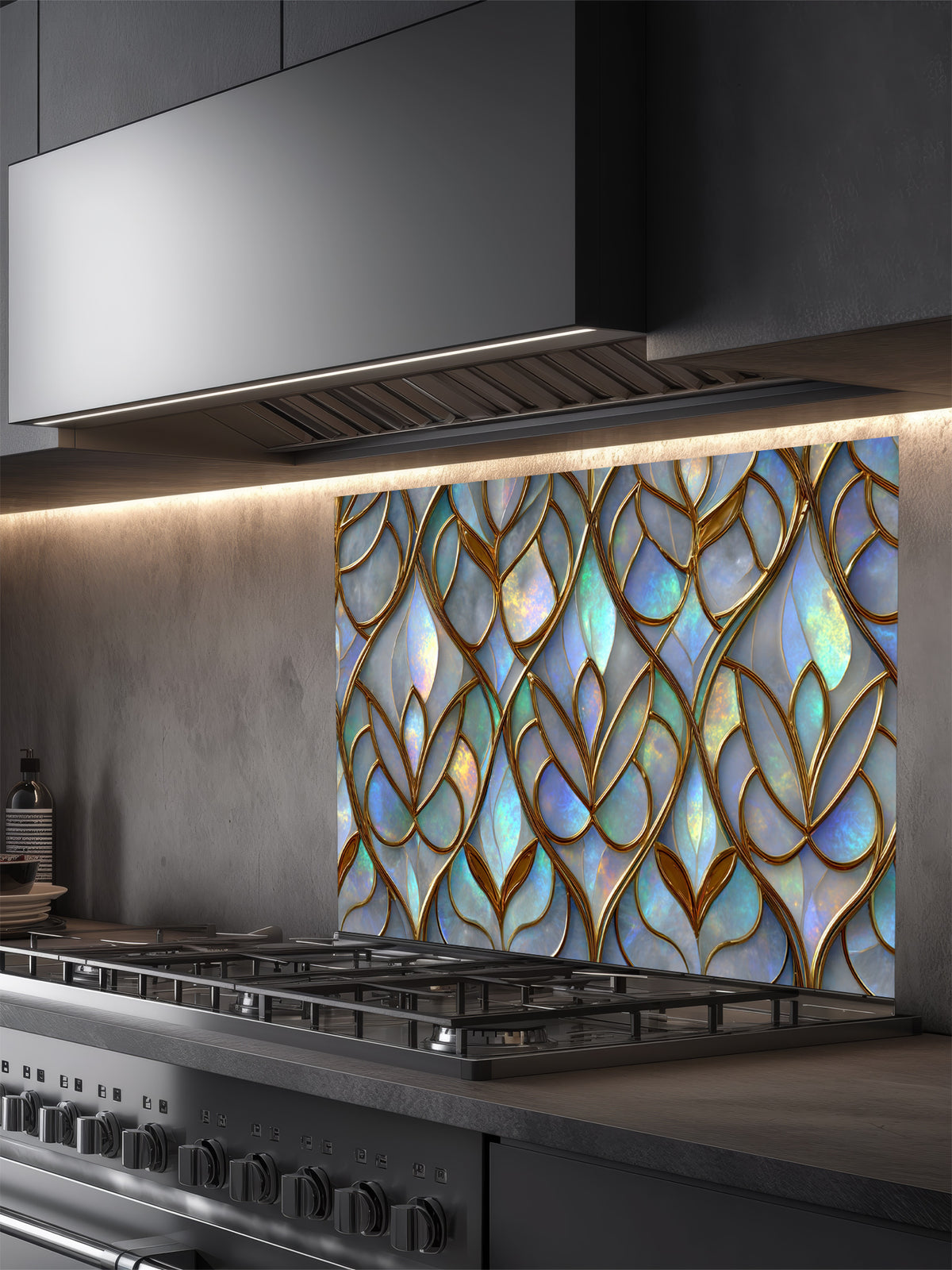 Tempered glass kitchen backsplash featuring a highly realistic 3D illusion of Art Nouveau stained glass showing an elegant repeating leaf pattern with iridescent opal and pearl inlays outlined in rich gold filigree, installed behind a modern stainless steel stove.