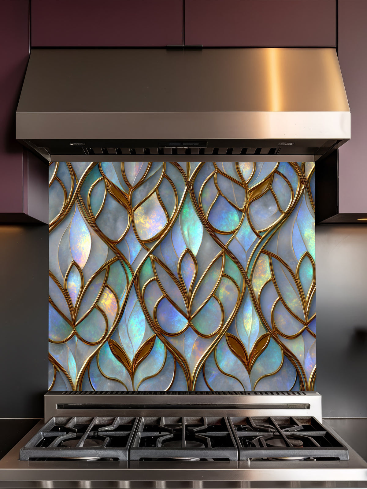 Tempered glass kitchen backsplash featuring a highly realistic 3D illusion of Art Nouveau stained glass showing an elegant repeating leaf pattern with iridescent opal and pearl inlays outlined in rich gold filigree, installed behind a modern stainless steel stove.