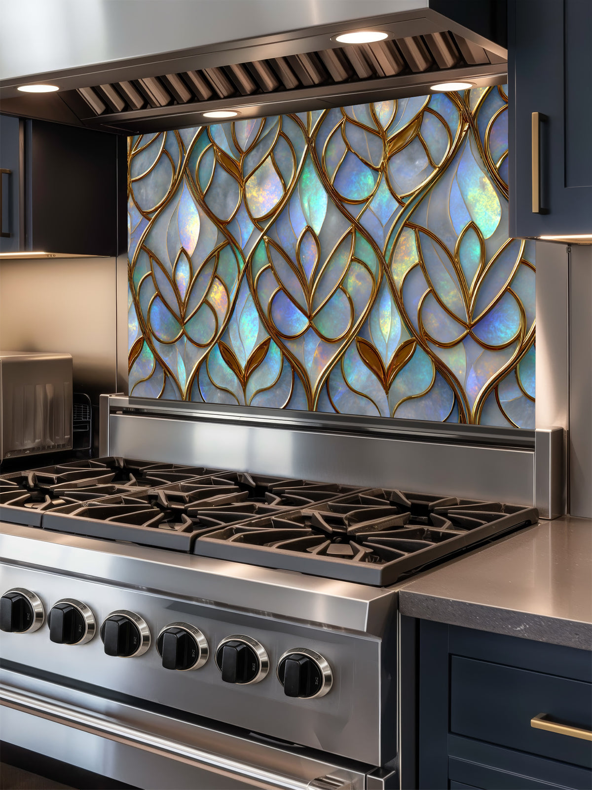 Tempered glass kitchen backsplash featuring a highly realistic 3D illusion of Art Nouveau stained glass showing an elegant repeating leaf pattern with iridescent opal and pearl inlays outlined in rich gold filigree, installed behind a modern stainless steel stove.