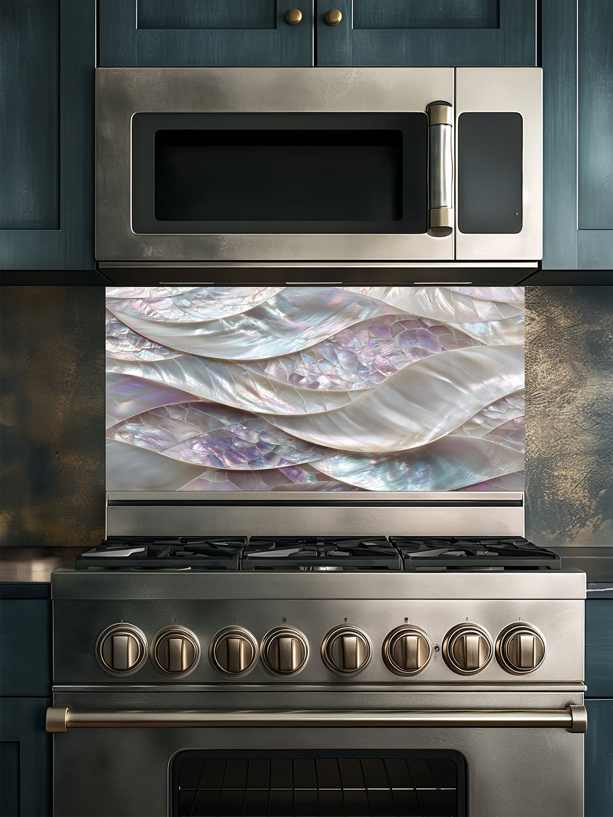 Tempered glass kitchen backsplash featuring a highly realistic 3D faux mosaic design of continuous flowing waves of mother of pearl shells with iridescent pastel colors, installed behind a modern stainless steel stove.