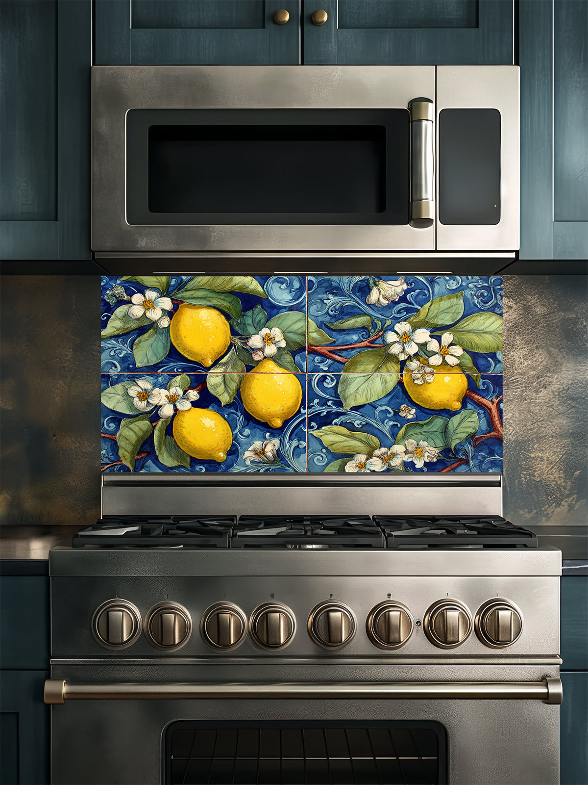 Tempered glass kitchen backsplash featuring a highly realistic illusion of a large four-panel traditional hand-painted Italian Majolica ceramic tile mural, showcasing bright yellow lemons and white blossoms against a deep cobalt blue background with intricate scrollwork, installed behind a modern black stove.