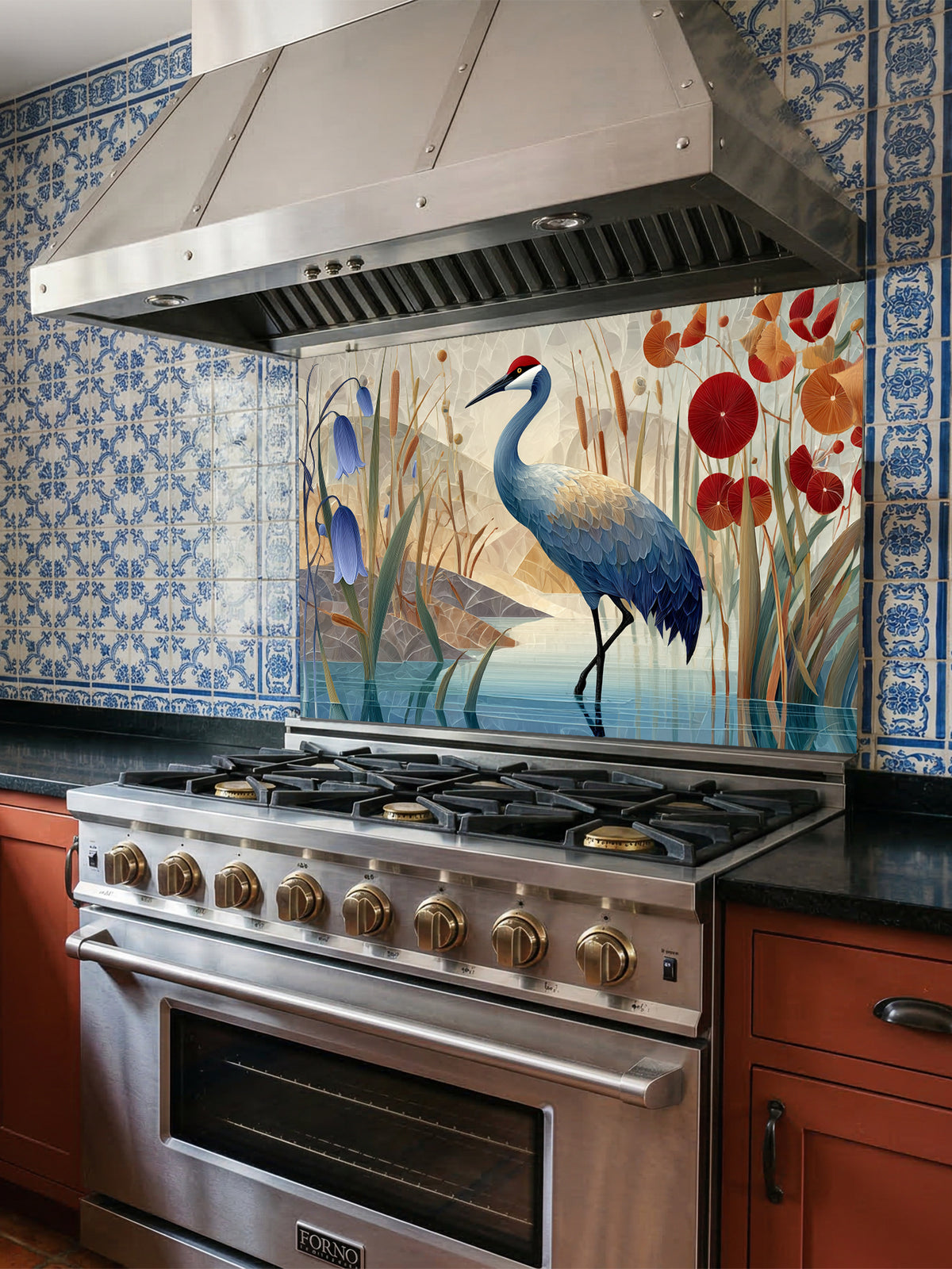 Tempered glass kitchen backsplash featuring a crisp, modern Japandi-style illustration of a majestic red-crowned crane standing in tranquil water among bluebell flowers and red botanical accents against a geometric beige mountain background, installed behind a modern black stove.