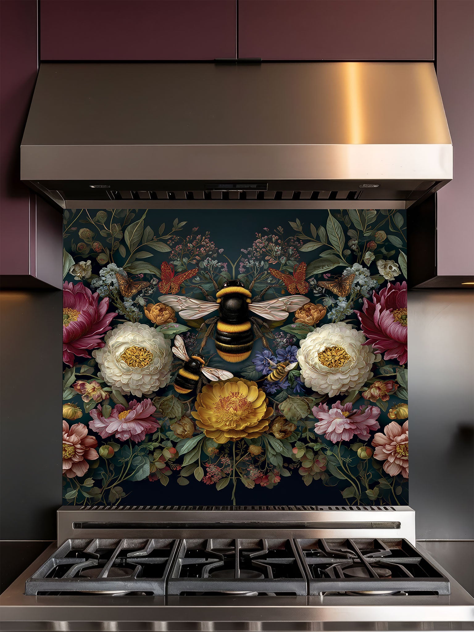 Tempered glass kitchen backsplash featuring a dark moody floral and large bumblebee vintage design installed behind a modern stainless steel stove.
