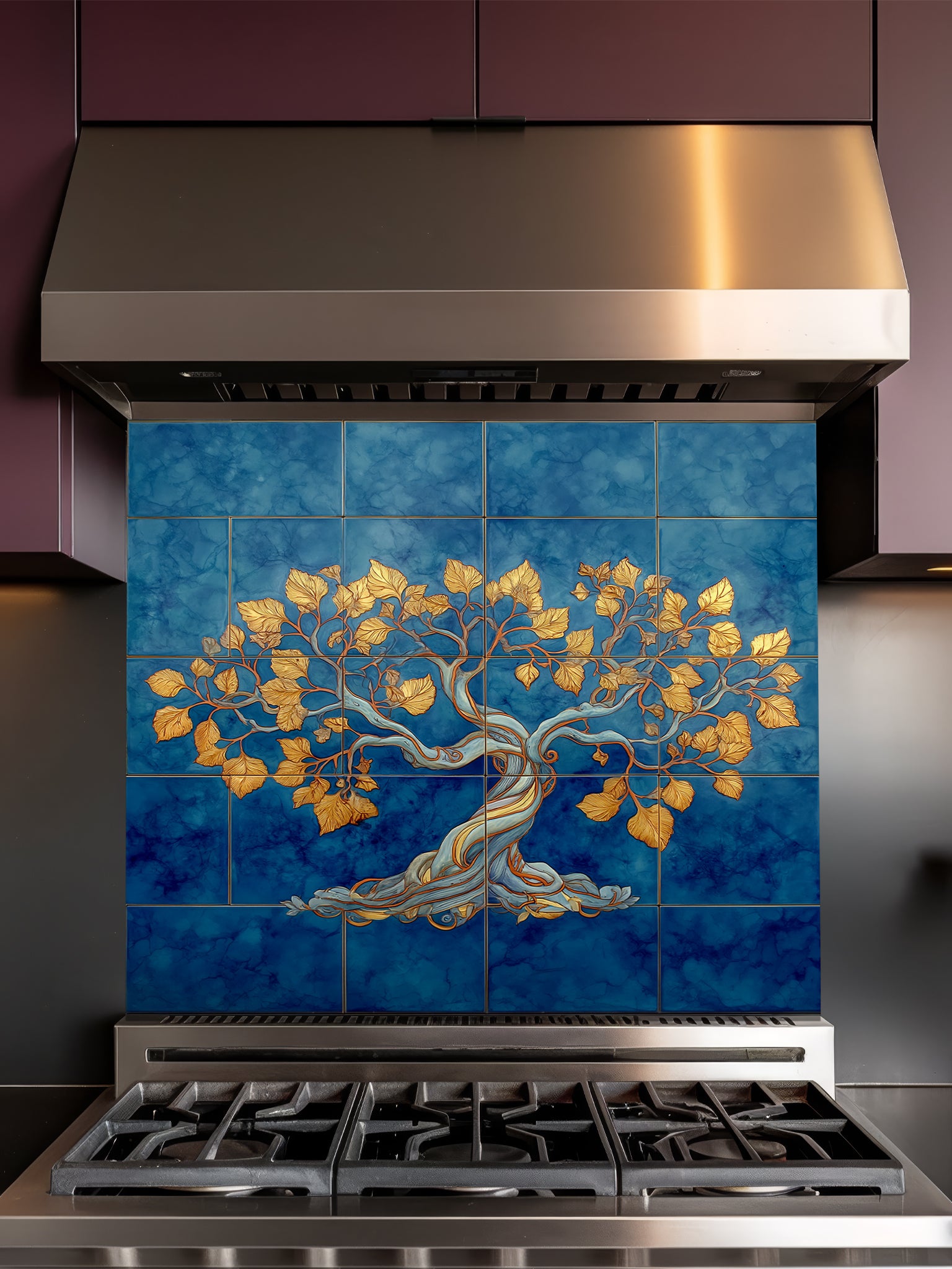Faux blue tile background featuring an elegant golden Tree of Life with intricate leaves, UV printed on a smooth tempered glass kitchen backsplash, installed behind a modern stove.