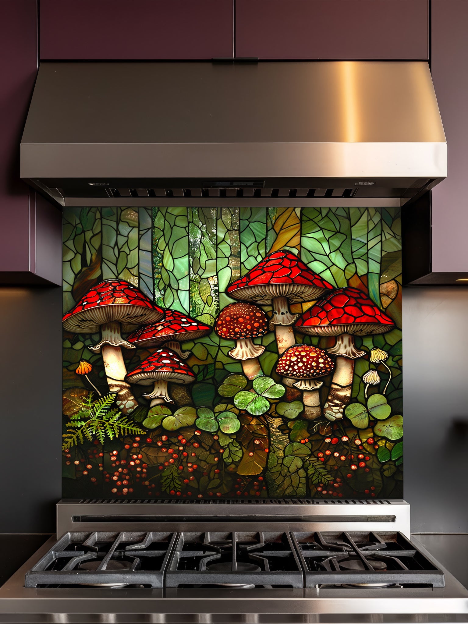 Stained glass style woodland scene with vibrant red mushrooms, ferns, and clovers, UV printed on a smooth tempered glass kitchen backsplash, installed behind a modern stove.