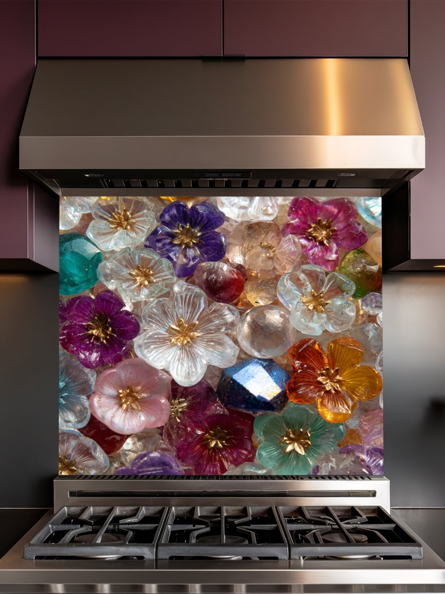 Tempered glass kitchen backsplash featuring a highly realistic 3D illusion of a dense, sparkling mosaic made of translucent glass flowers and crystal gems in vibrant jewel tones of purple, ruby, sapphire, emerald, and gold, installed behind a modern black stove.