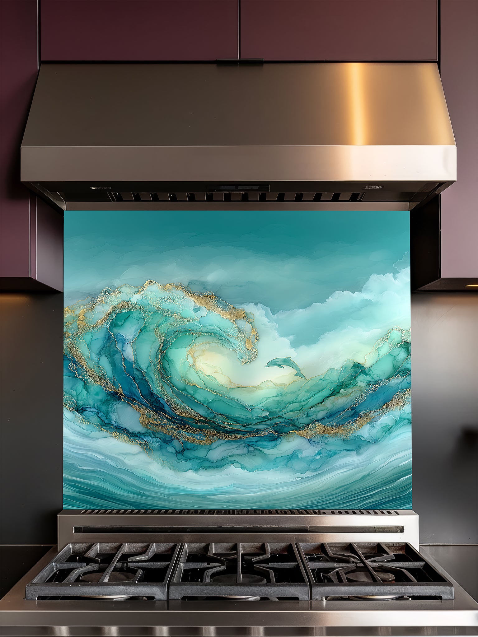 Tempered glass kitchen backsplash featuring a vibrant teal and gold abstract alcohol ink ocean wave with a small jumping dolphin, installed behind a modern stainless steel stove.