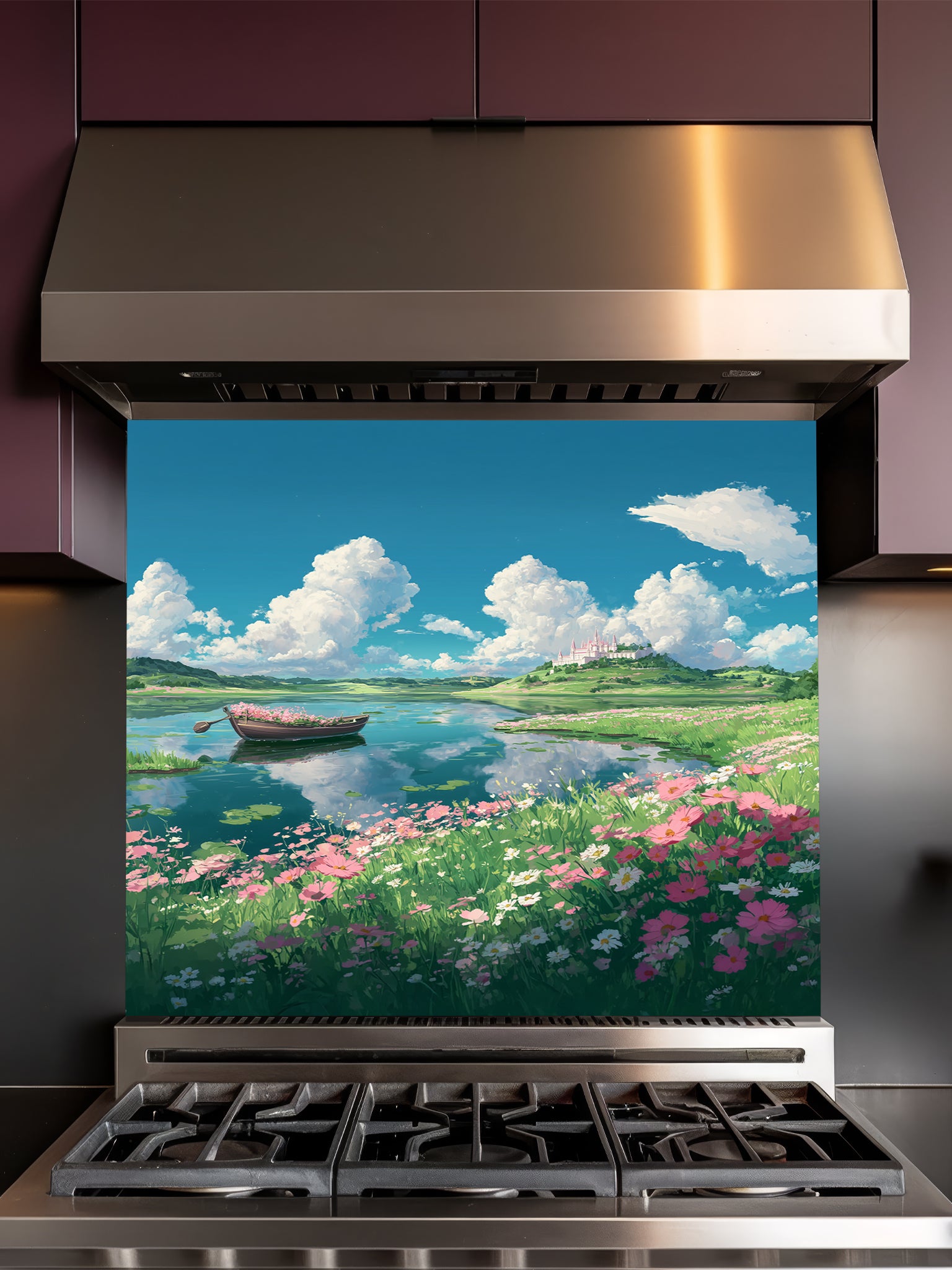 Anime style vibrant summer landscape with fluffy white clouds, a blue lake, a flower-filled boat, and pink cosmos flowers, UV printed on a smooth tempered glass kitchen backsplash.