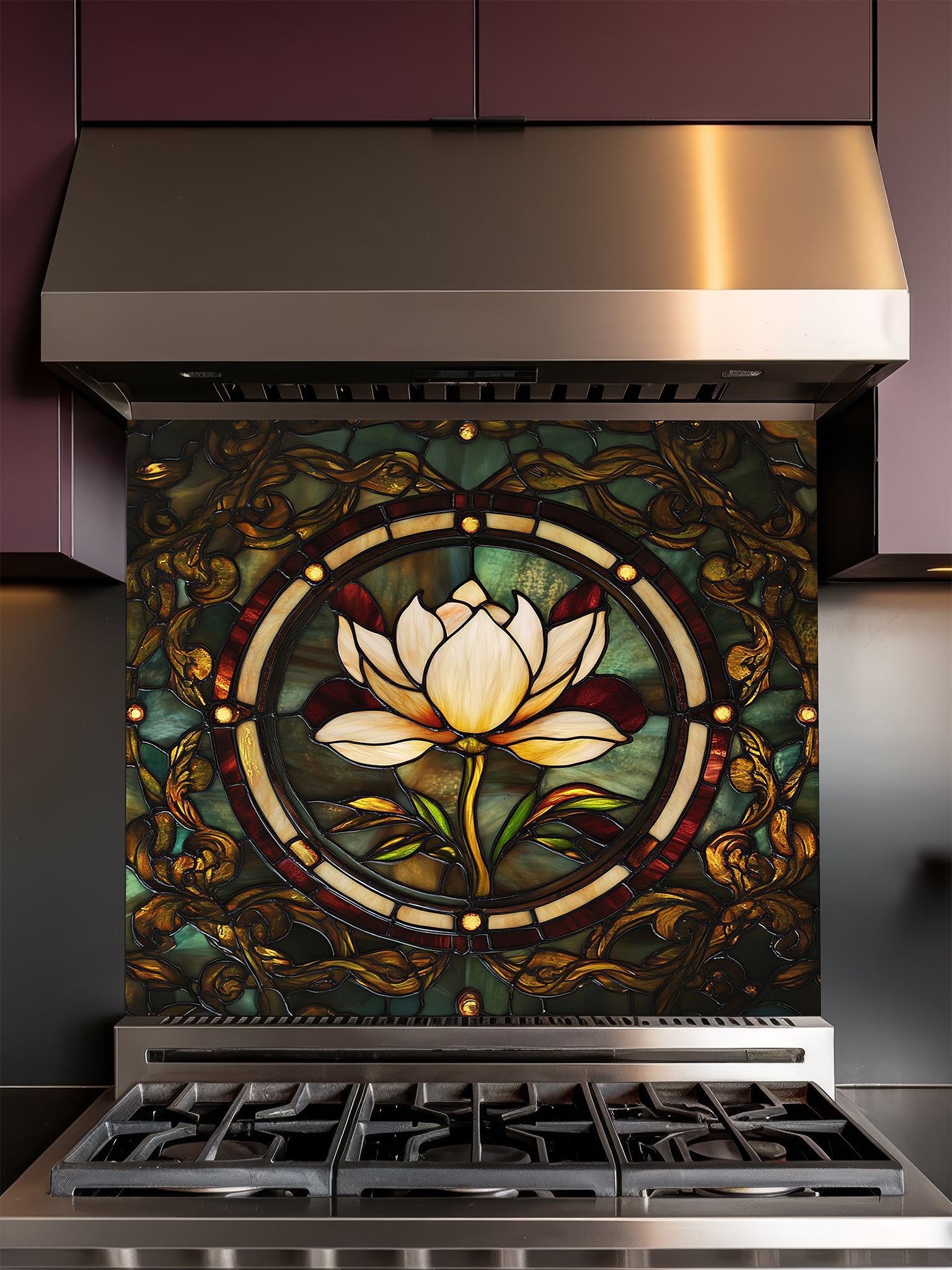 Tempered glass kitchen backsplash featuring a highly realistic faux stained glass design of a central white lotus flower surrounded by intricate Art Nouveau vines in rich emerald green and glowing amber tones, installed behind a modern stainless steel stove.