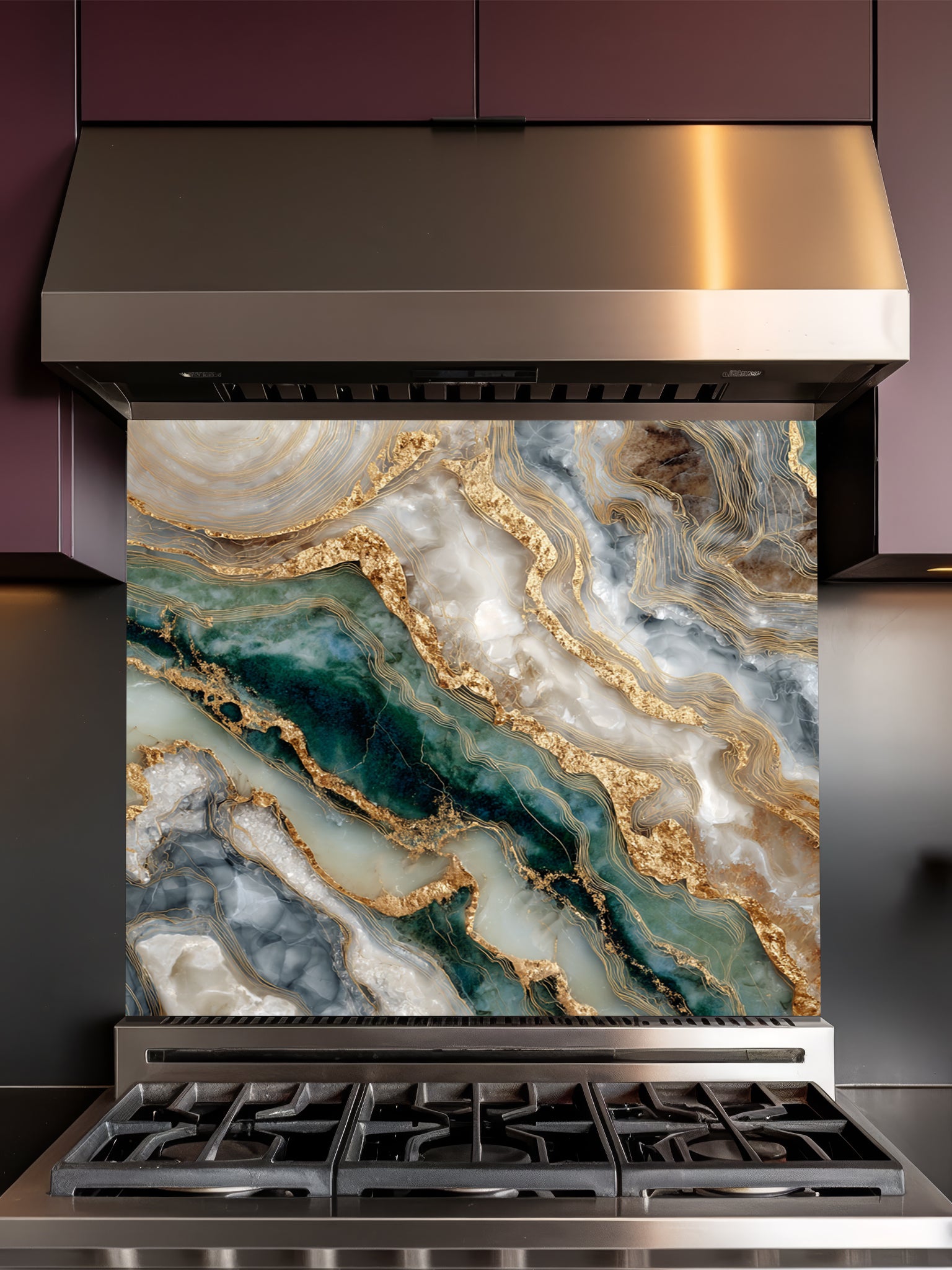 Faux fluid art epoxy resin pattern featuring deep malachite green, white, and striking 3D-looking liquid gold Kintsugi veins, UV printed on a smooth tempered glass kitchen backsplash.