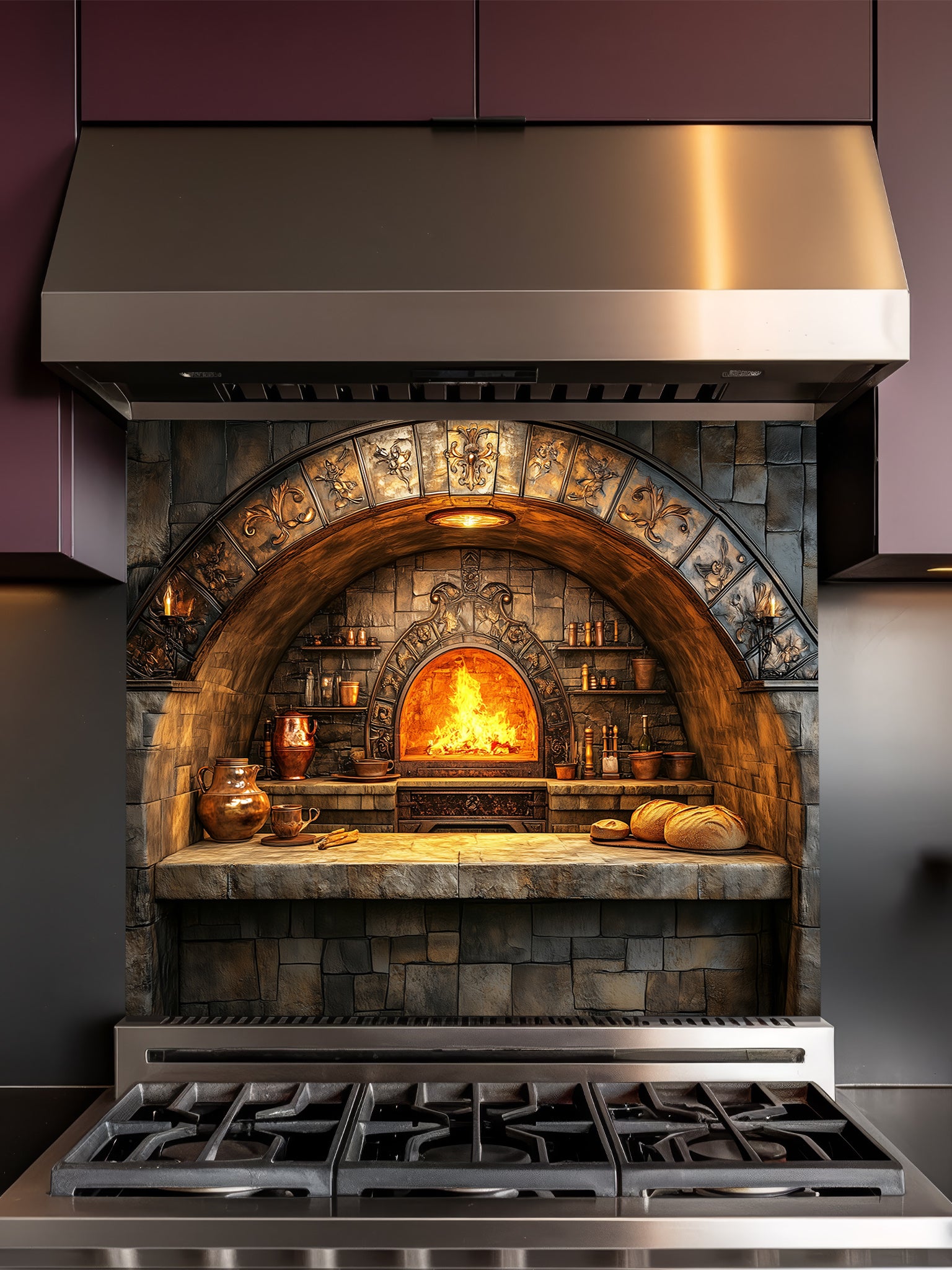 A cozy kitchen featuring a tempered glass backsplash with a highly realistic 3D illusion of a rustic stone oven, glowing fire, and vintage copper cookware, installed behind a modern black stove.