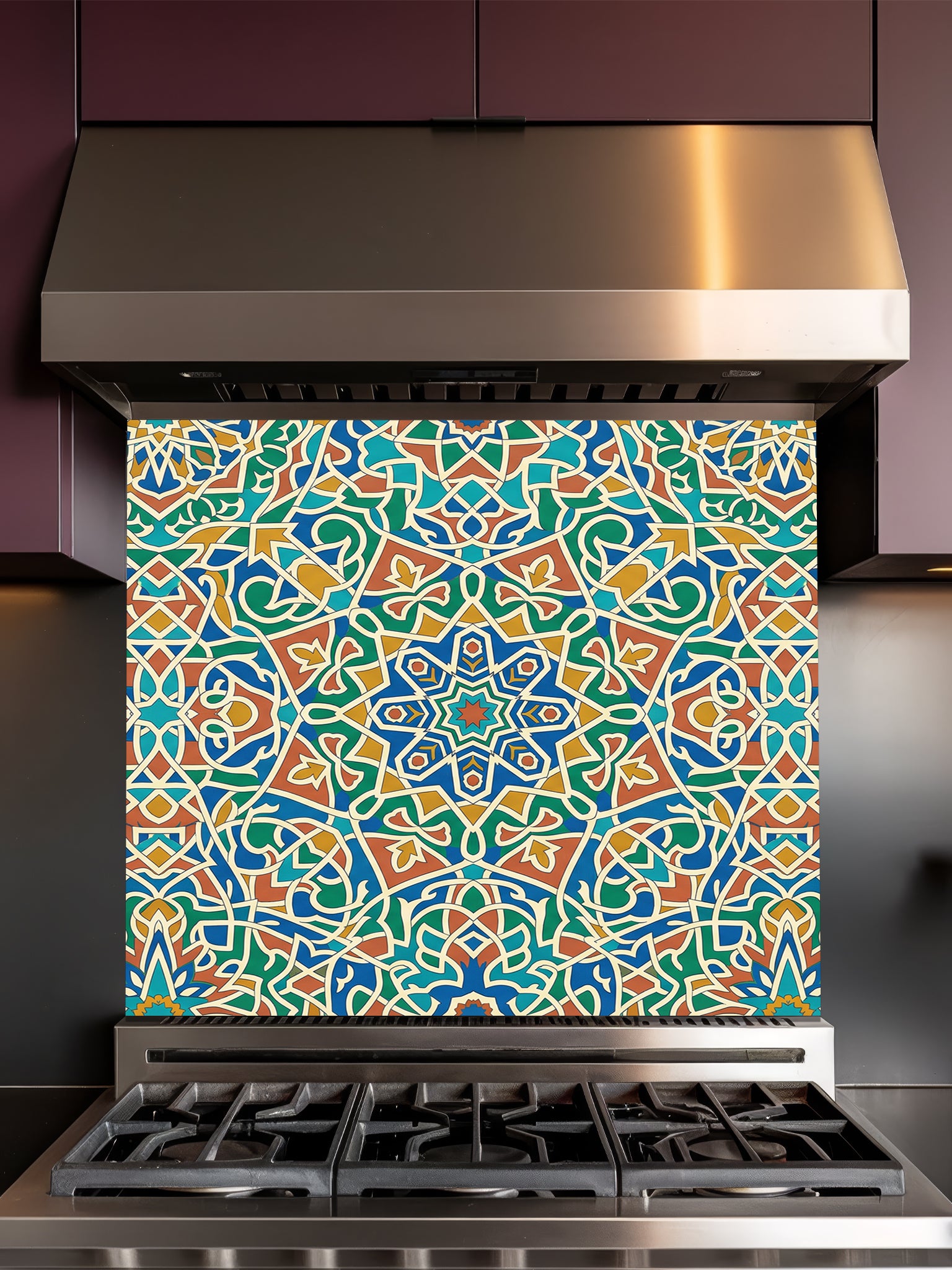 Stainless steel stove with a colorful geometric patterned backsplash