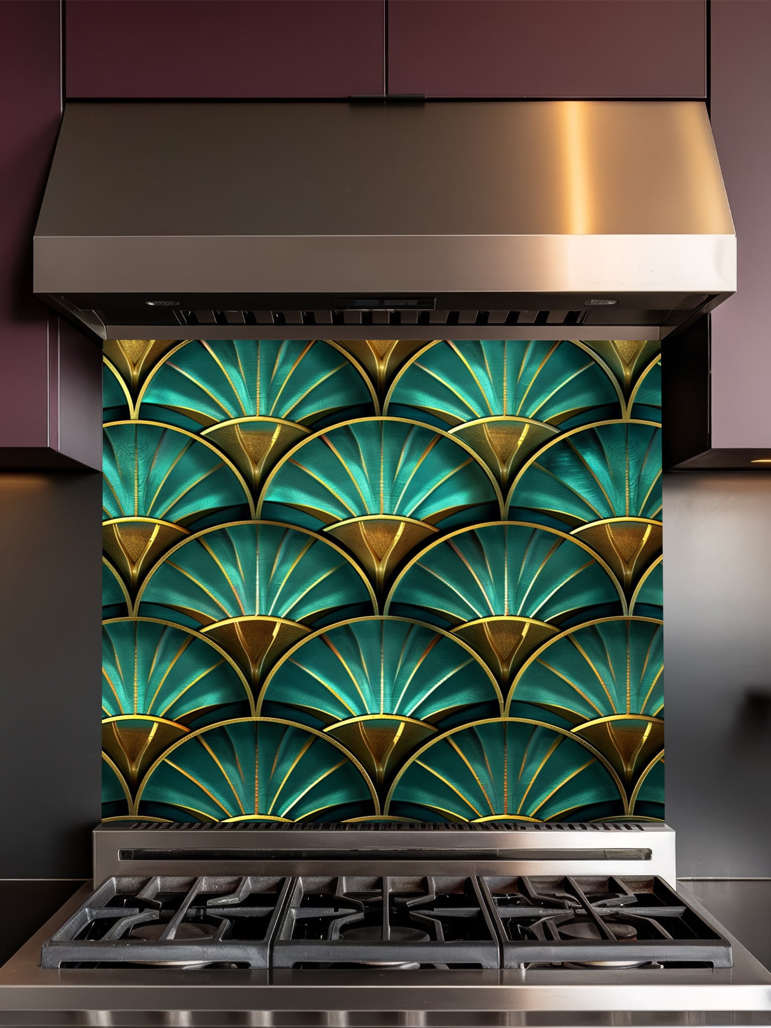 Tempered glass kitchen backsplash featuring a highly realistic 3D illusion of an Art Deco geometric scalloped fan pattern in luxurious teal and faux gold, installed behind a modern stainless steel stove.