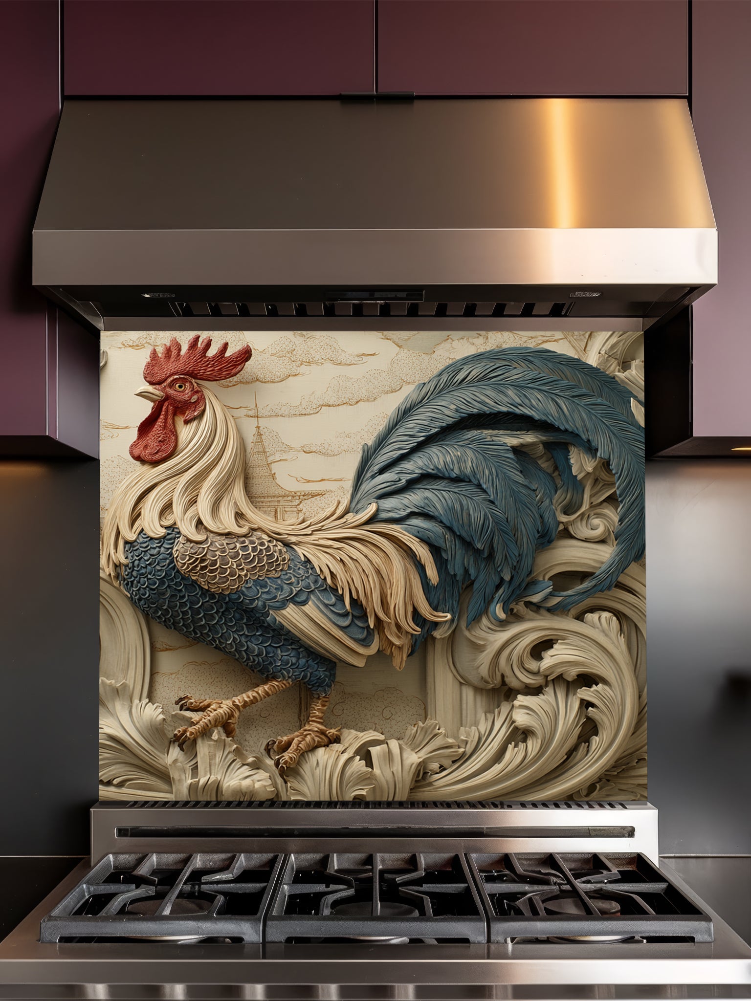 Tempered glass kitchen backsplash featuring a highly realistic 3D illusion of an intricately carved bas-relief sculpture showing a proud rooster with slate blue and gold feathers surrounded by ornate, flowing creamy beige baroque acanthus swirls, installed behind a modern black stove.