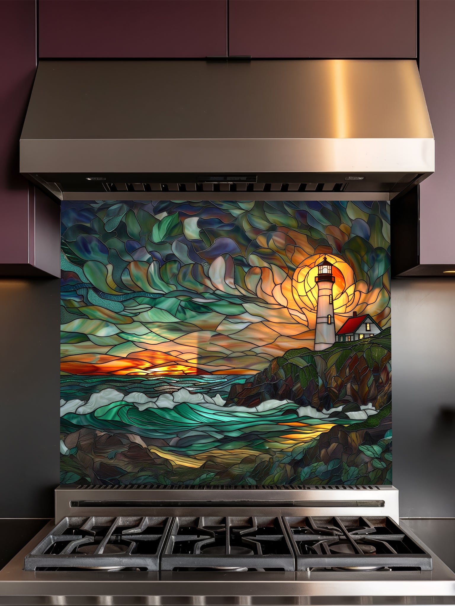 Tempered glass kitchen backsplash featuring a highly realistic 3D illusion of scenic stained glass art showing a classic lighthouse with a red roof on a rocky cliff overlooking turbulent teal ocean waves under a vibrant orange and amber sunset sky, installed behind a modern black stove.