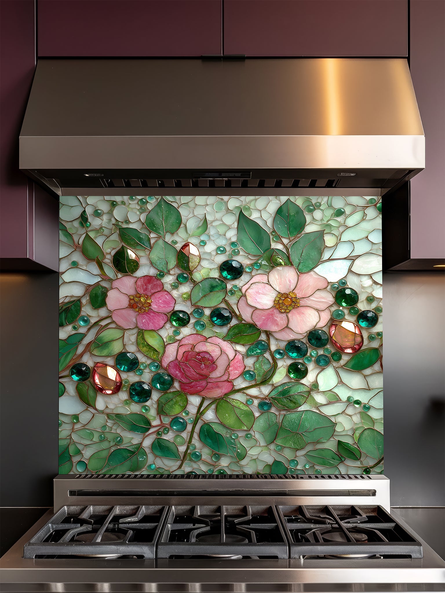 Tempered glass kitchen backsplash featuring a highly realistic faux stained glass design of delicate pink roses, green leaves, and jewel-like glass beads on a pale mosaic background, installed behind a modern stainless steel stove.