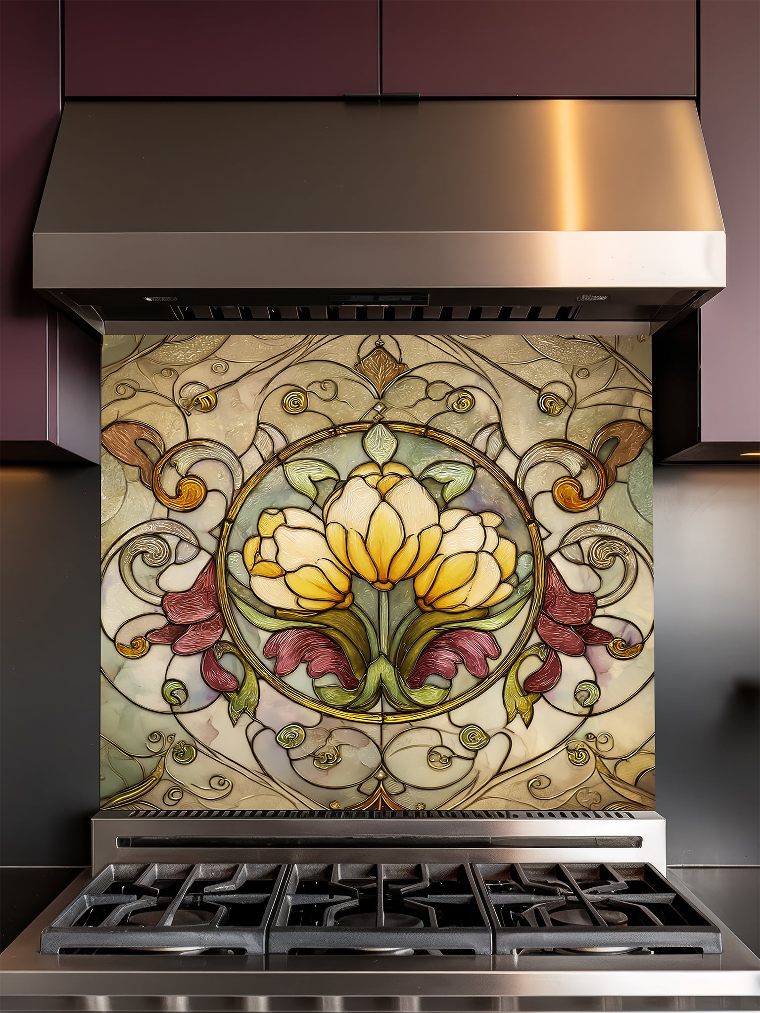 Tempered glass kitchen backsplash featuring a highly realistic faux stained glass design with a central medallion of yellow tulips surrounded by ornate Art Nouveau vines in green and burgundy, installed behind a modern stainless steel stove.