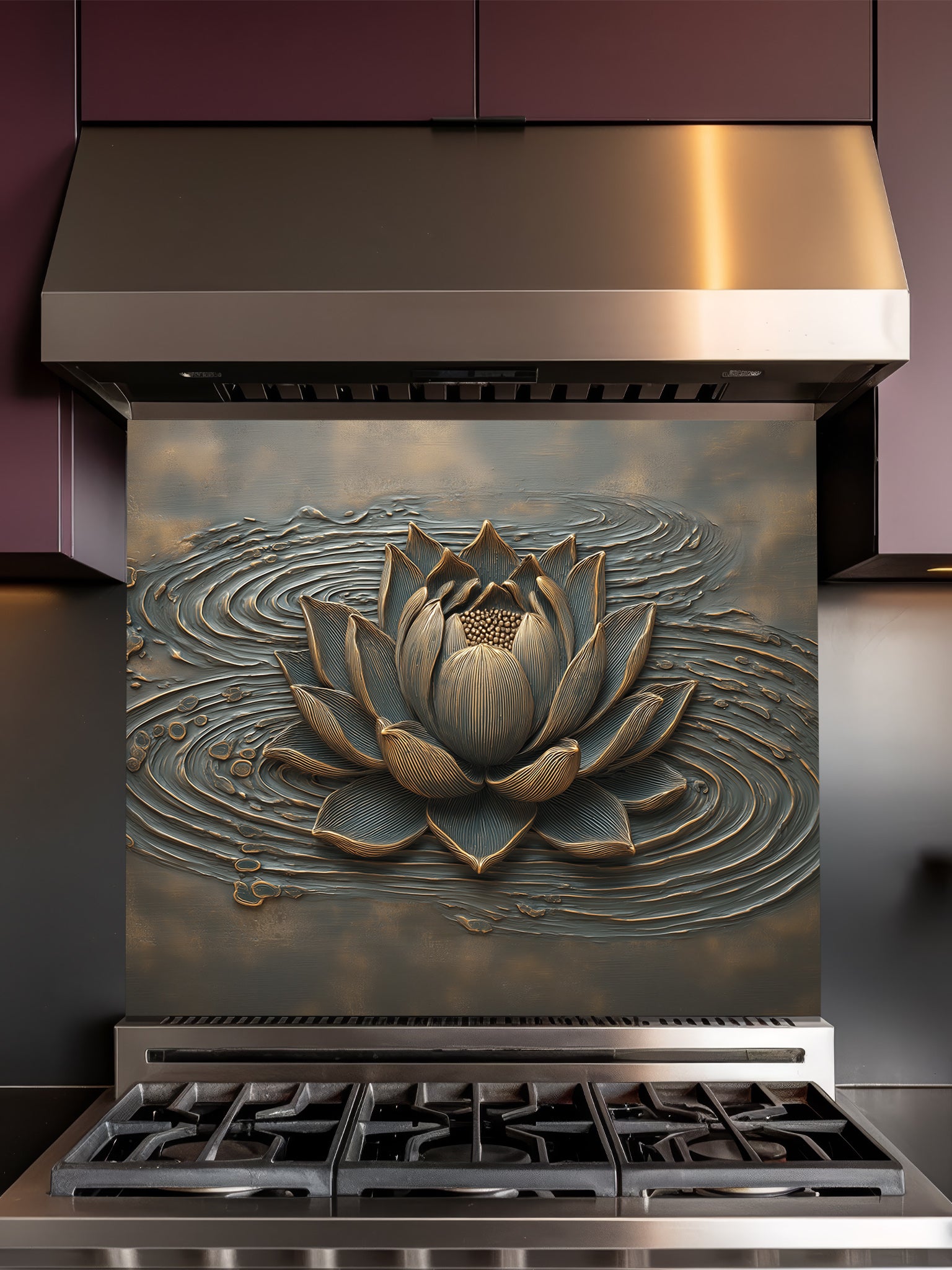Tempered glass kitchen backsplash featuring a highly realistic 3D illusion of an embossed metallic bronze lotus flower floating on rippling dark grey water, installed behind a modern stainless steel stove.