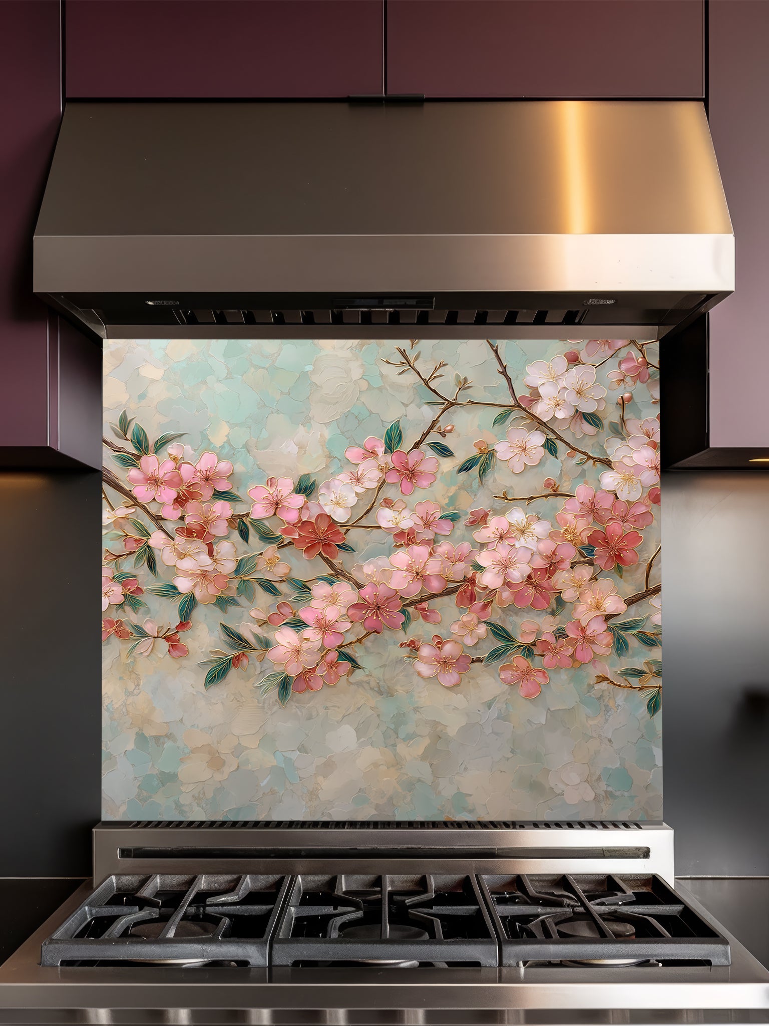 Faux 3D effect glossy pink cherry blossom branches with golden metallic outlines on a soft teal marble background, UV printed on a smooth tempered glass kitchen backsplash.