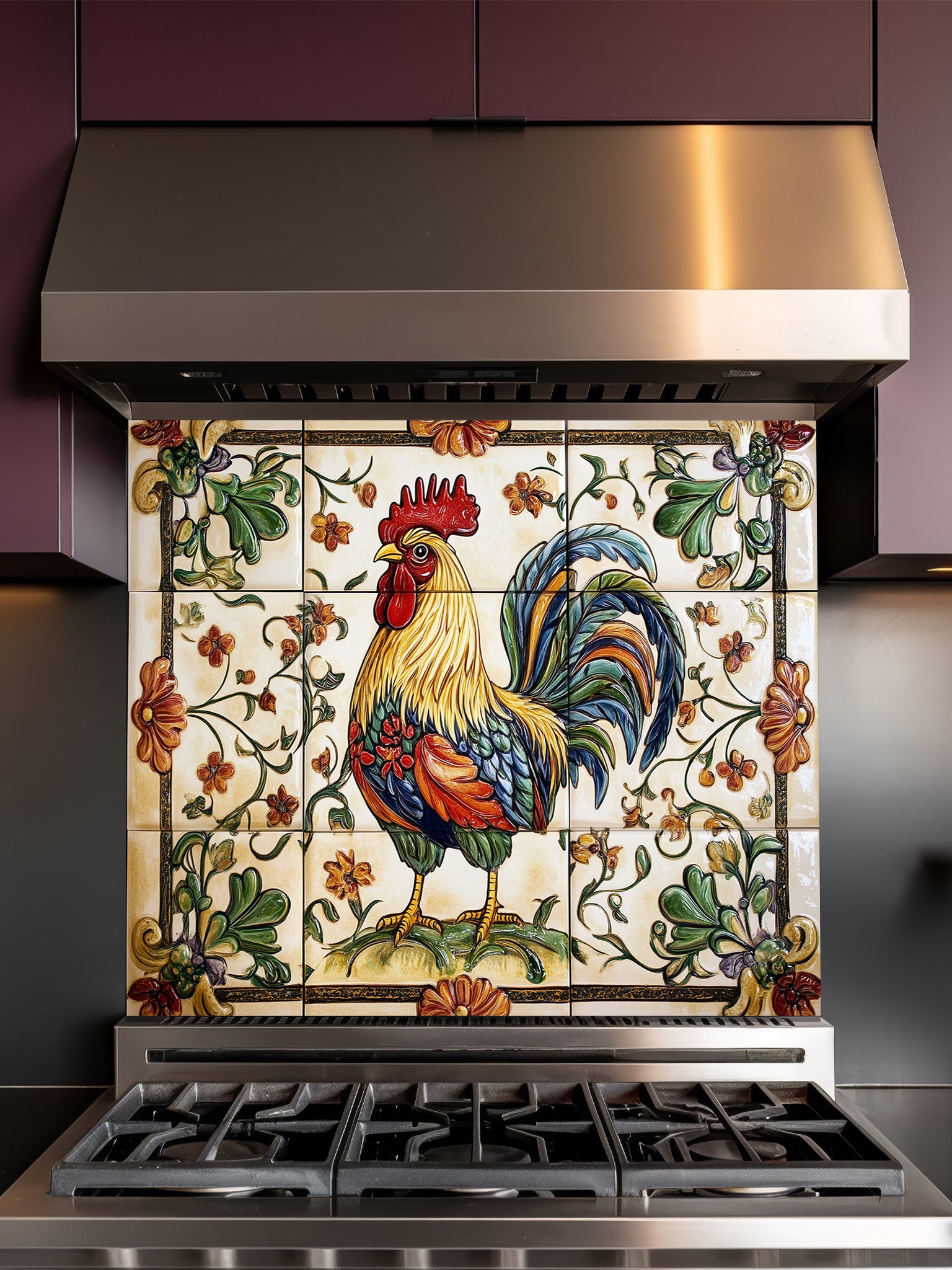 Decorative glass backsplash with a rooster design above a stove