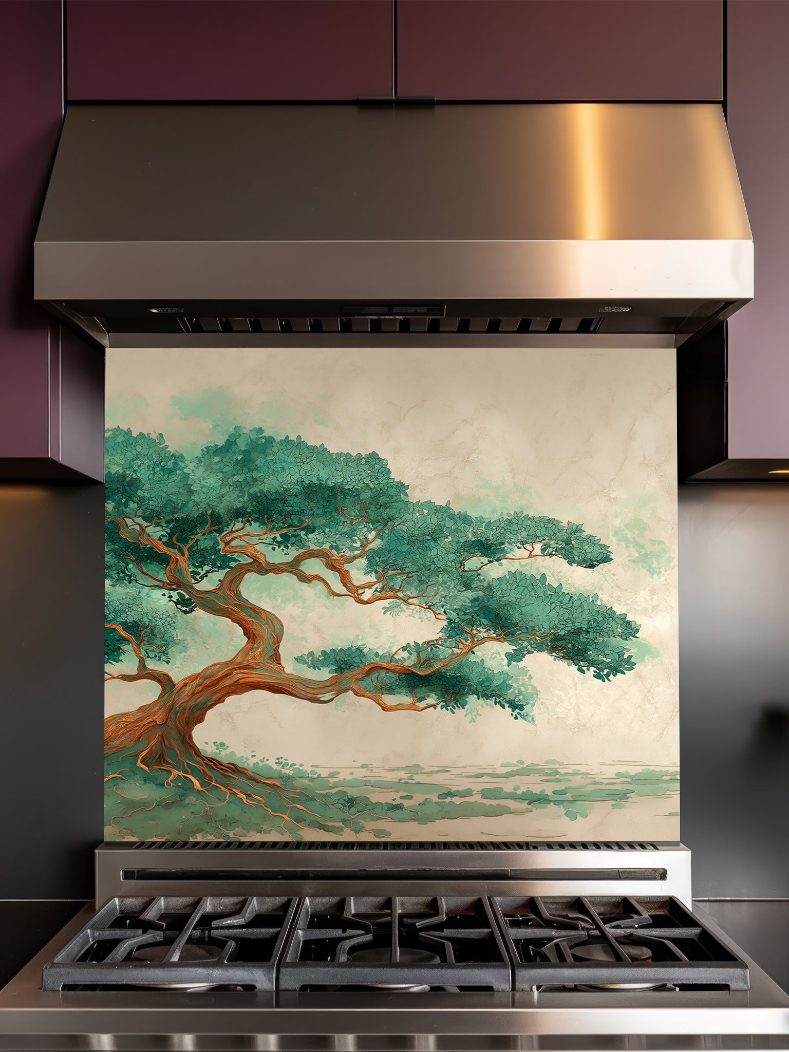 Traditional Asian art style illustration of an ancient bonsai pine tree with lush green needles on a textured beige background, UV printed on a smooth tempered glass kitchen backsplash.