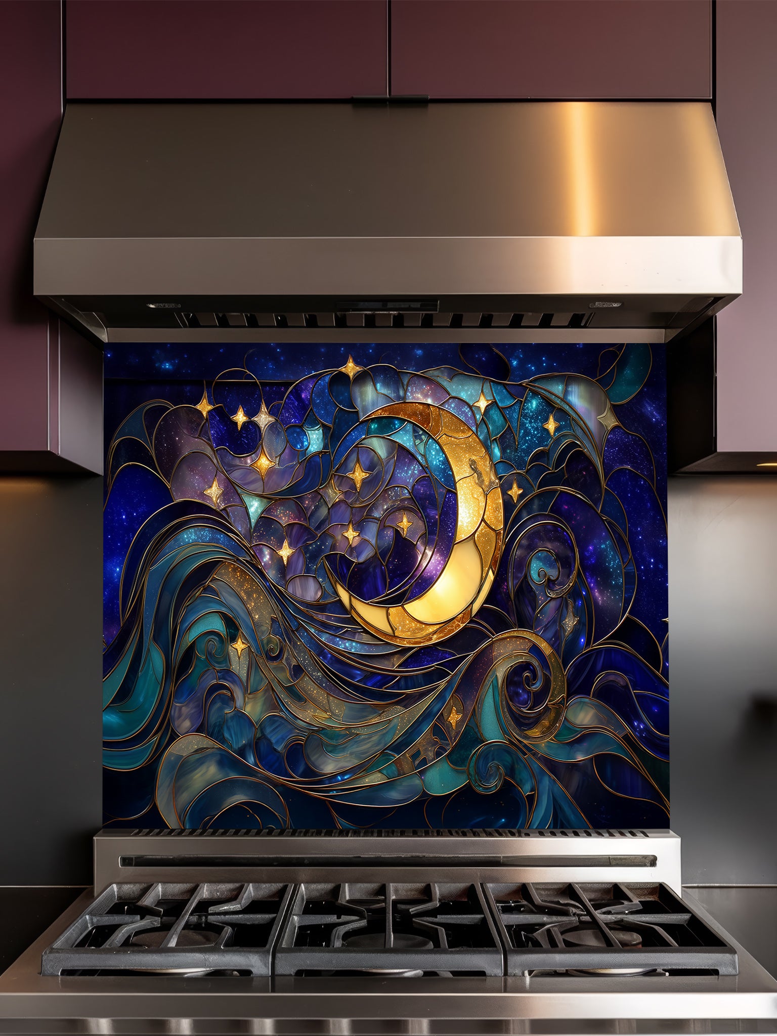 Tempered glass kitchen backsplash featuring a highly realistic 3D illusion of stained glass art showing a glowing golden crescent moon and stars swirling in a deep blue night sky, installed behind a modern stainless steel stove.