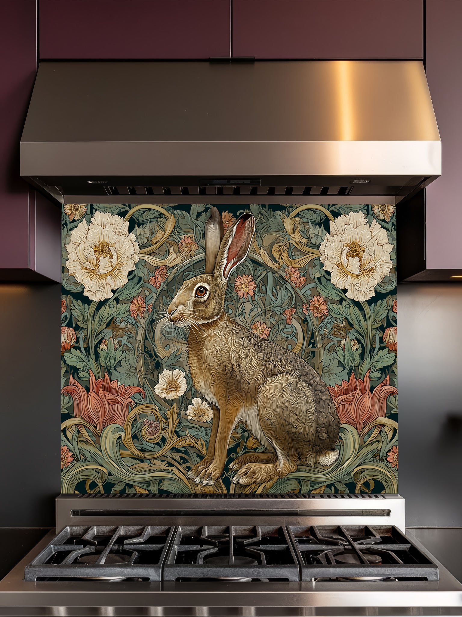 Stainless steel range hood with a decorative rabbit and floral design on a dark background