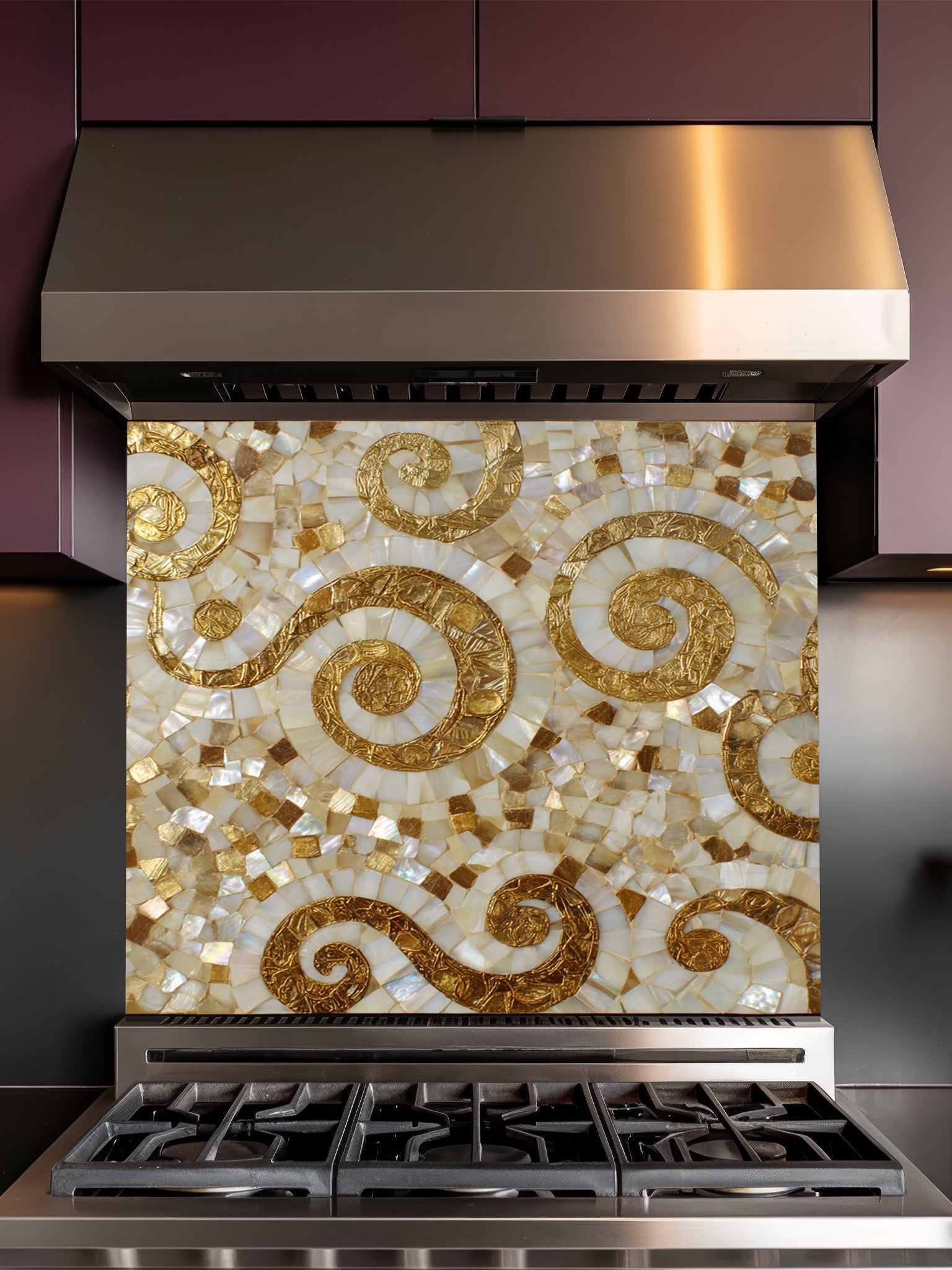 Faux 3D mosaic tile pattern featuring elegant gold swirls on an iridescent mother-of-pearl background, UV printed on a smooth tempered glass kitchen backsplash.