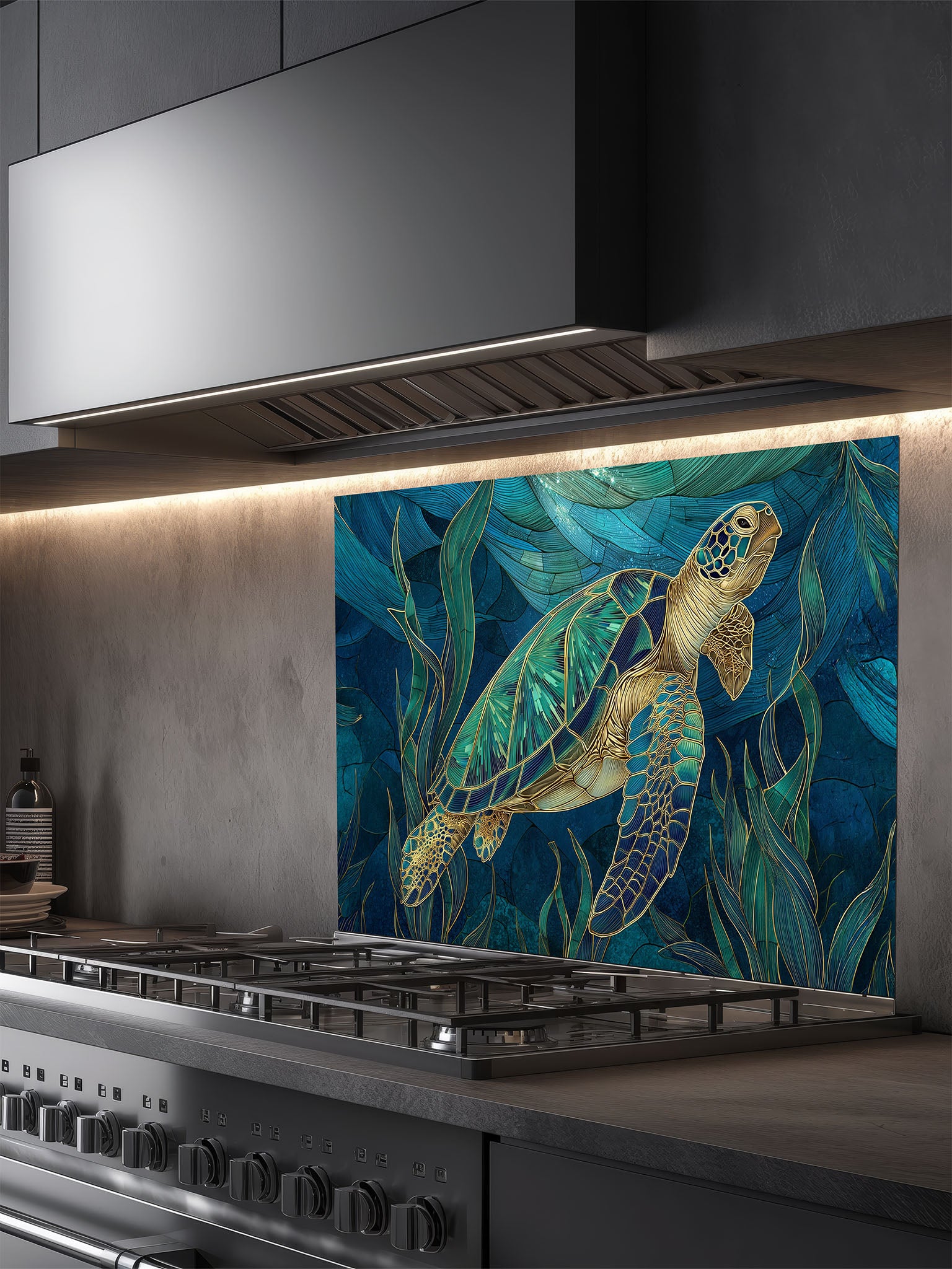 Tempered glass kitchen backsplash featuring an elegant stained glass style sea turtle swimming in deep blue ocean water, installed behind a modern stainless steel stove.