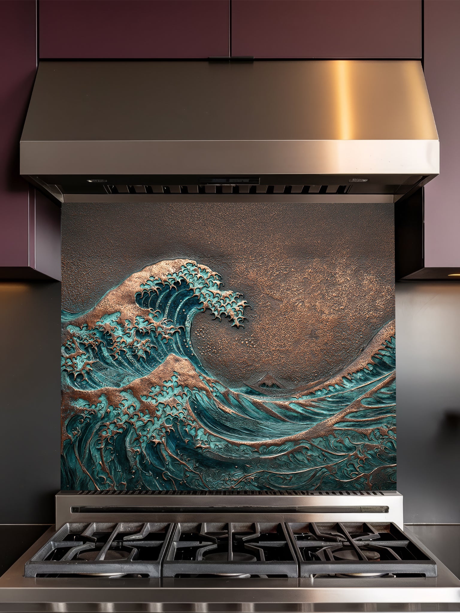 Faux 3D sculpted oxidized copper and bronze relief of the Great Wave off Kanagawa, featuring rich teal patina, UV printed on a smooth tempered glass kitchen backsplash.