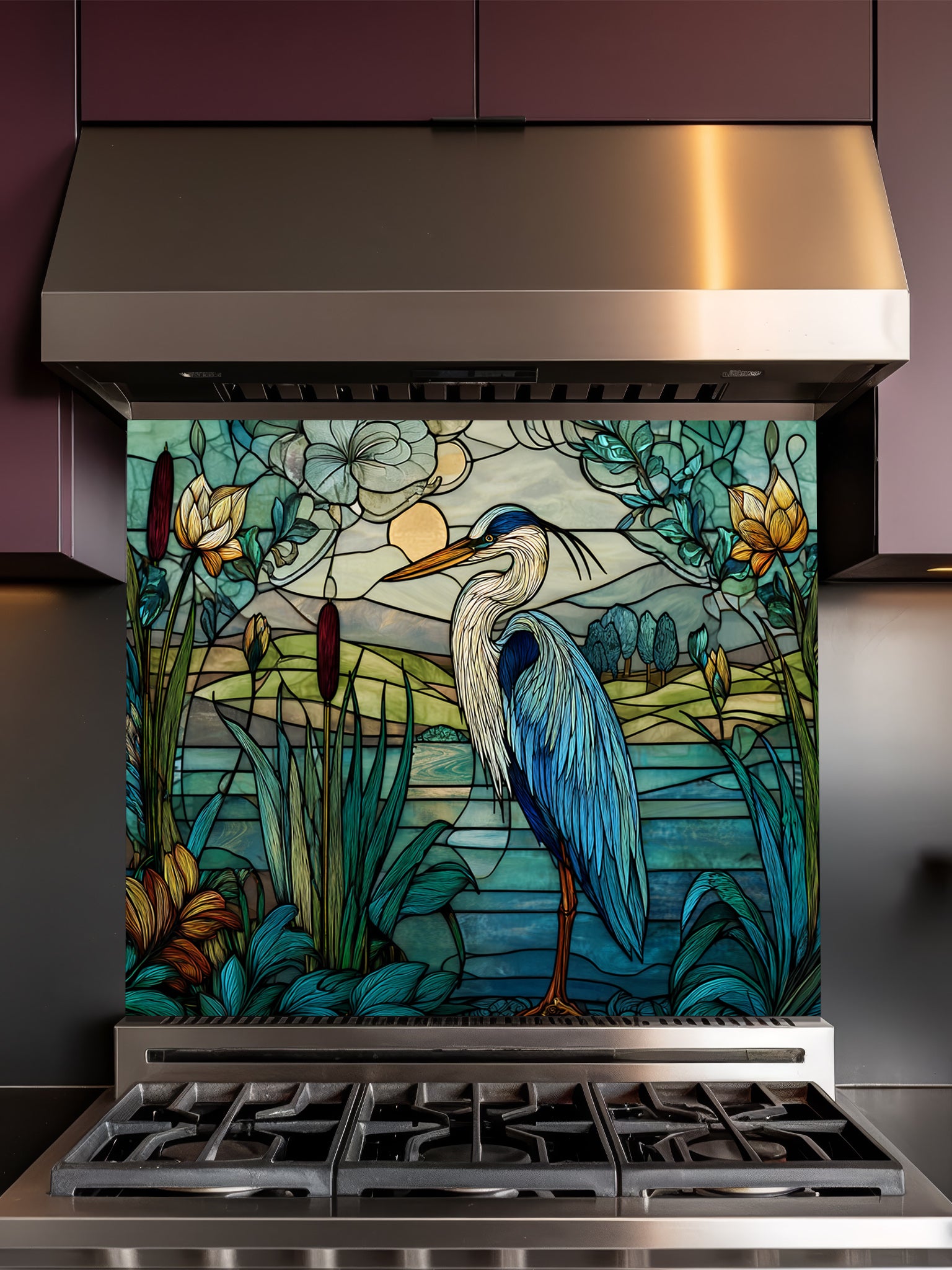 Tempered glass kitchen backsplash featuring a serene faux stained glass design of a majestic blue heron standing in a wetland with cattails, hills, and a bright sun, installed behind a modern stainless steel stove.