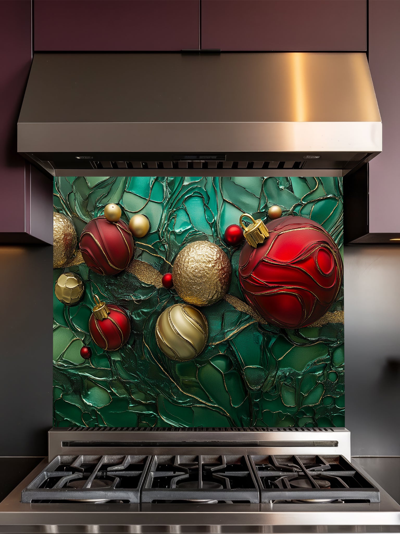 Tempered glass kitchen backsplash featuring a highly realistic 3D illusion of festive red and gold Christmas ornaments and ribbons floating against a deep emerald green marble and fluid art background with golden veins, installed behind a modern stainless steel stove.