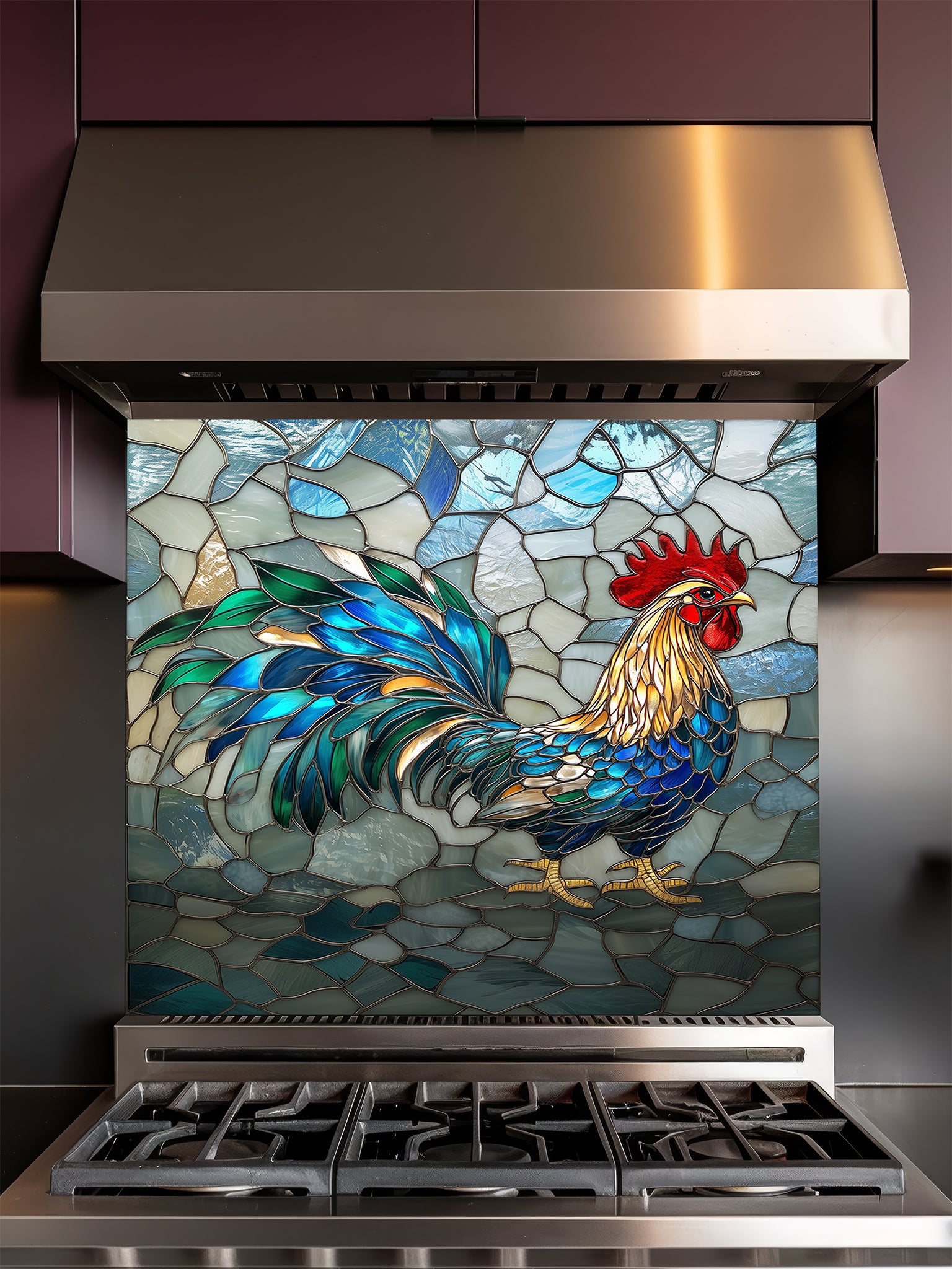 Tempered glass kitchen backsplash featuring a vibrant faux stained glass design of a rooster with striking teal and blue tail feathers against a light icy blue mosaic background, installed behind a modern stainless steel stove.