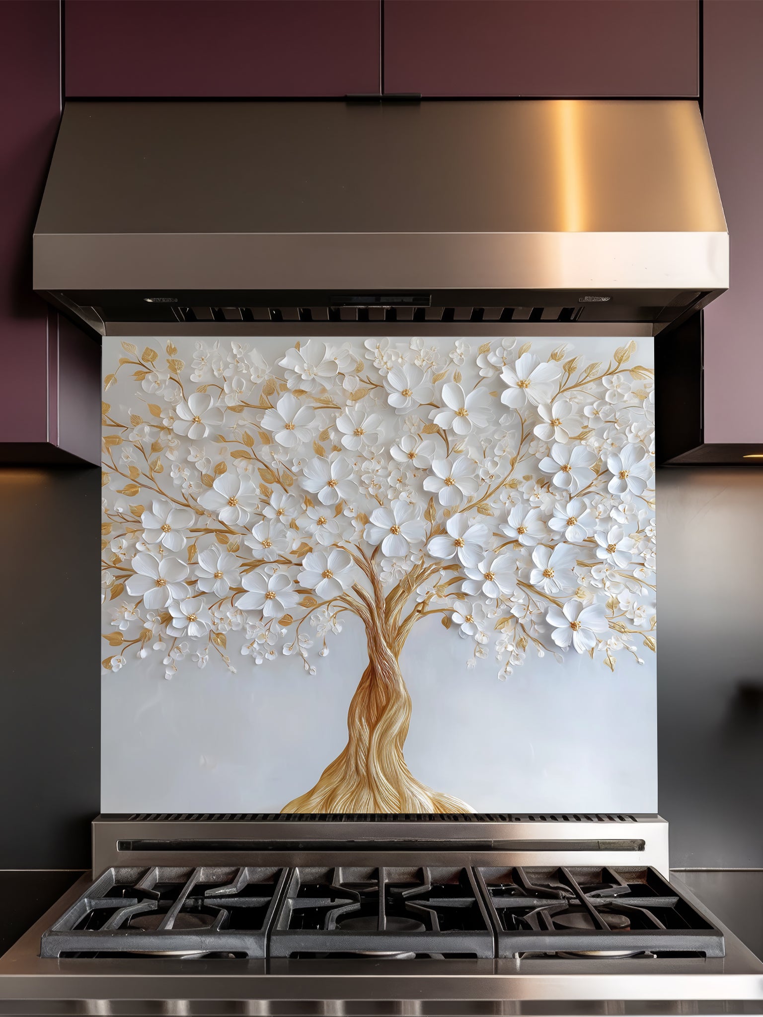 Faux 3D impasto style painting of a white floral tree with heavy gold accents on a crisp white background, UV printed on a smooth tempered glass kitchen backsplash.